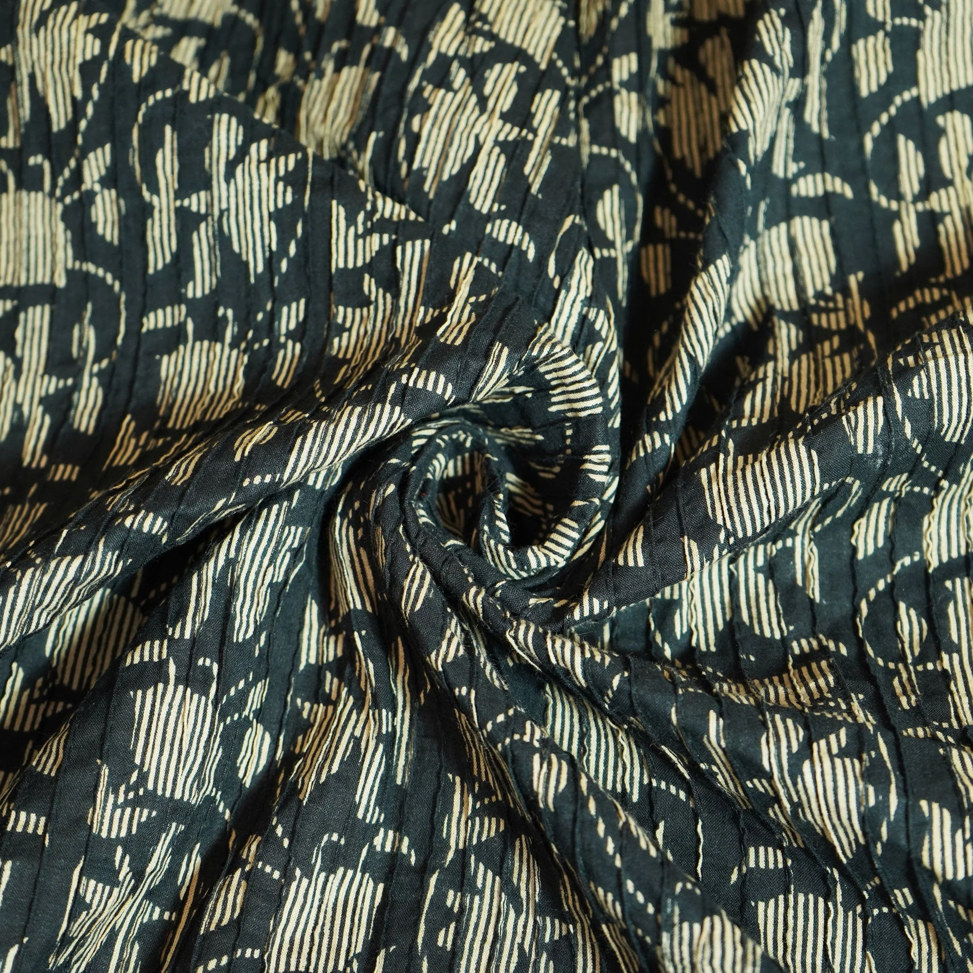 Black Mughal Print Pintuck Cotton Fabric MFL-23663
