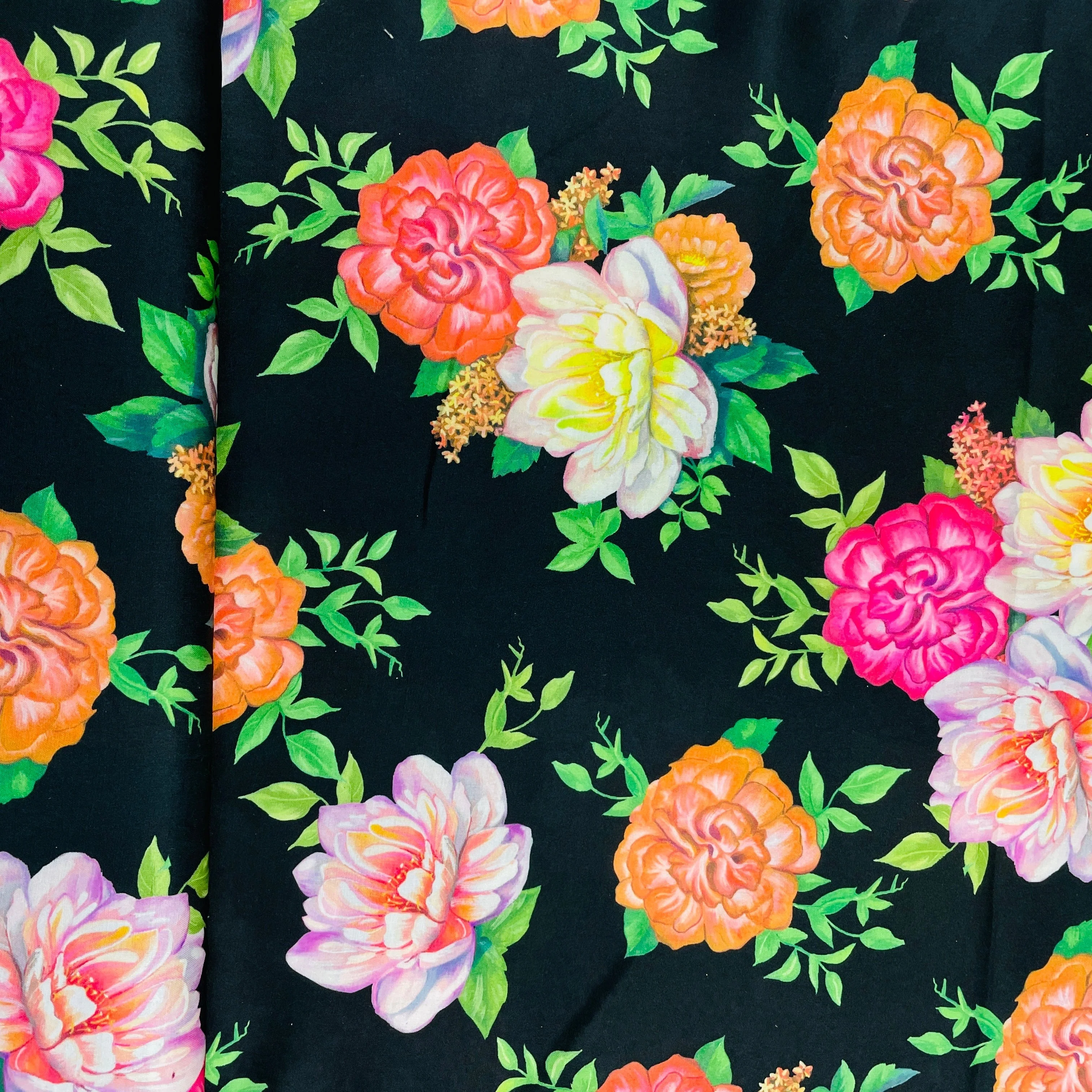 Black & Multicolor Floral Print Modal Satin Fabric - Image 3