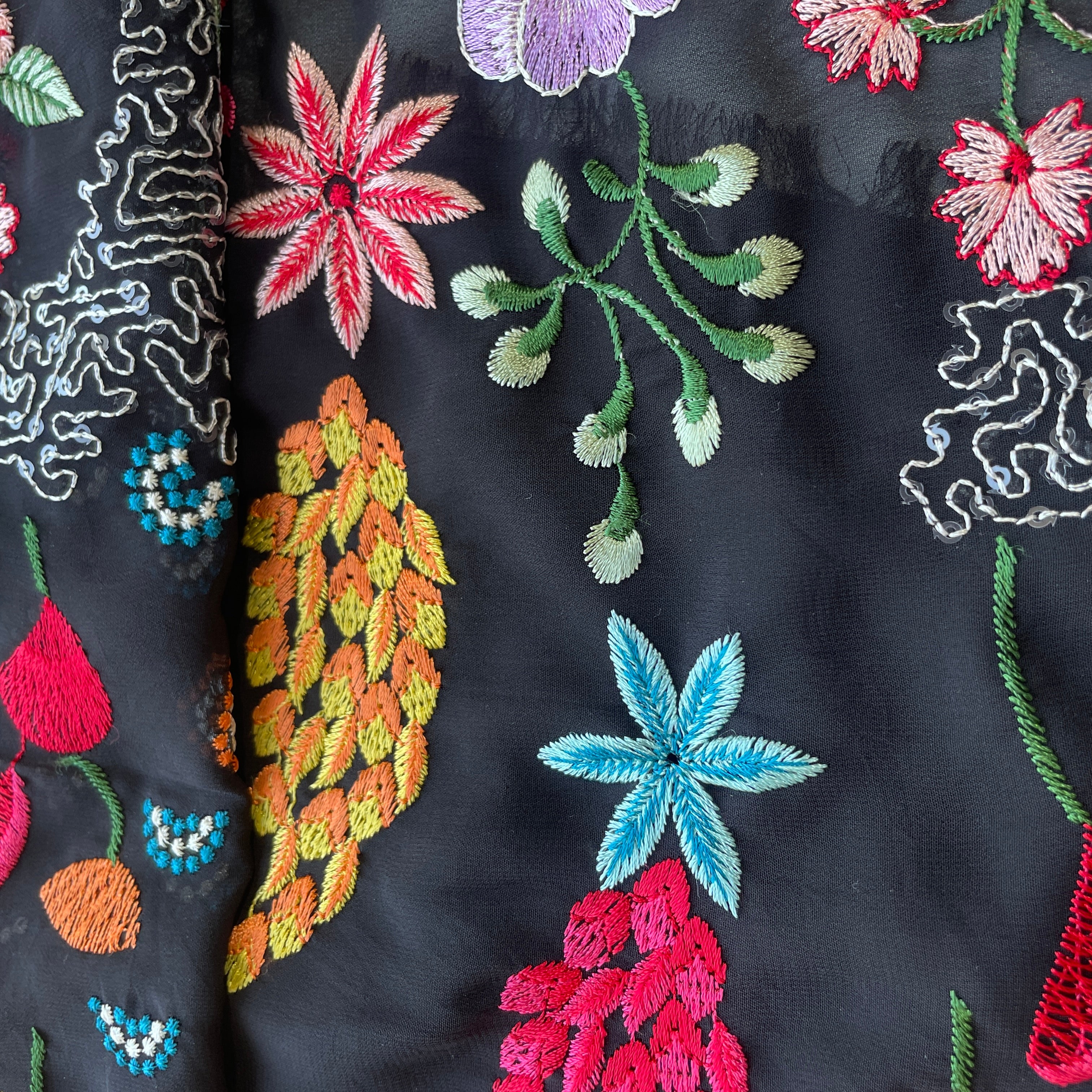 Black & Multicolor Floral Sequence Thread Embroidery Georgette Fabric 9089 - Image 3