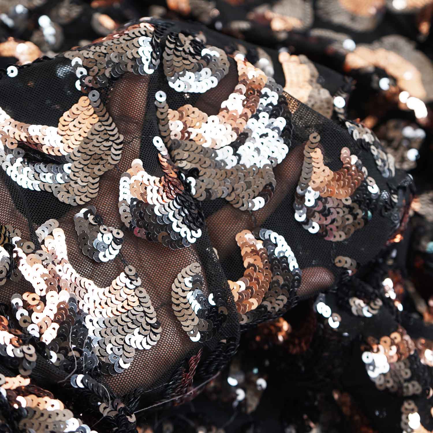 Black & Peach Pink Imported Sequins Embroidery Net Fabric - Image 3