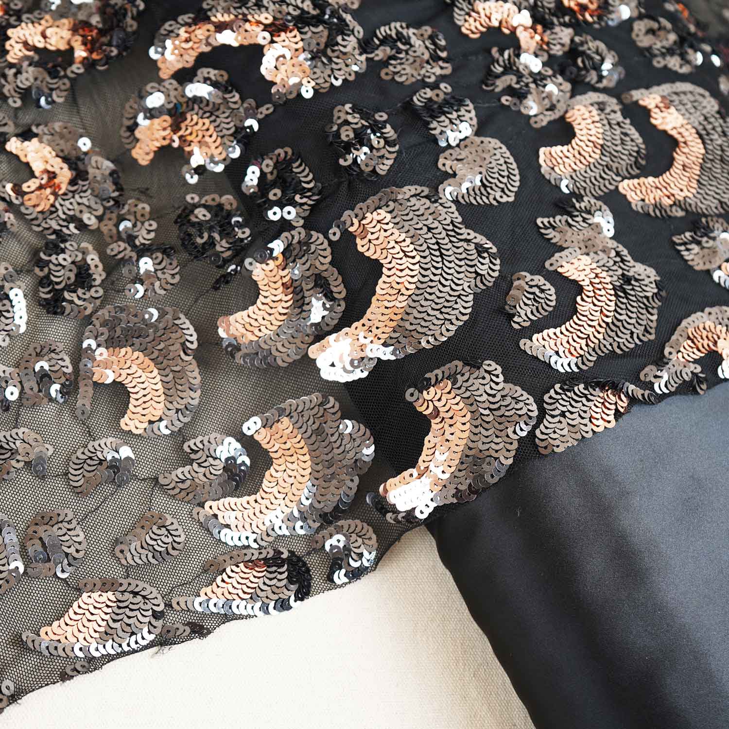 Black & Peach Pink Imported Sequins Embroidery Net Fabric - Image 4