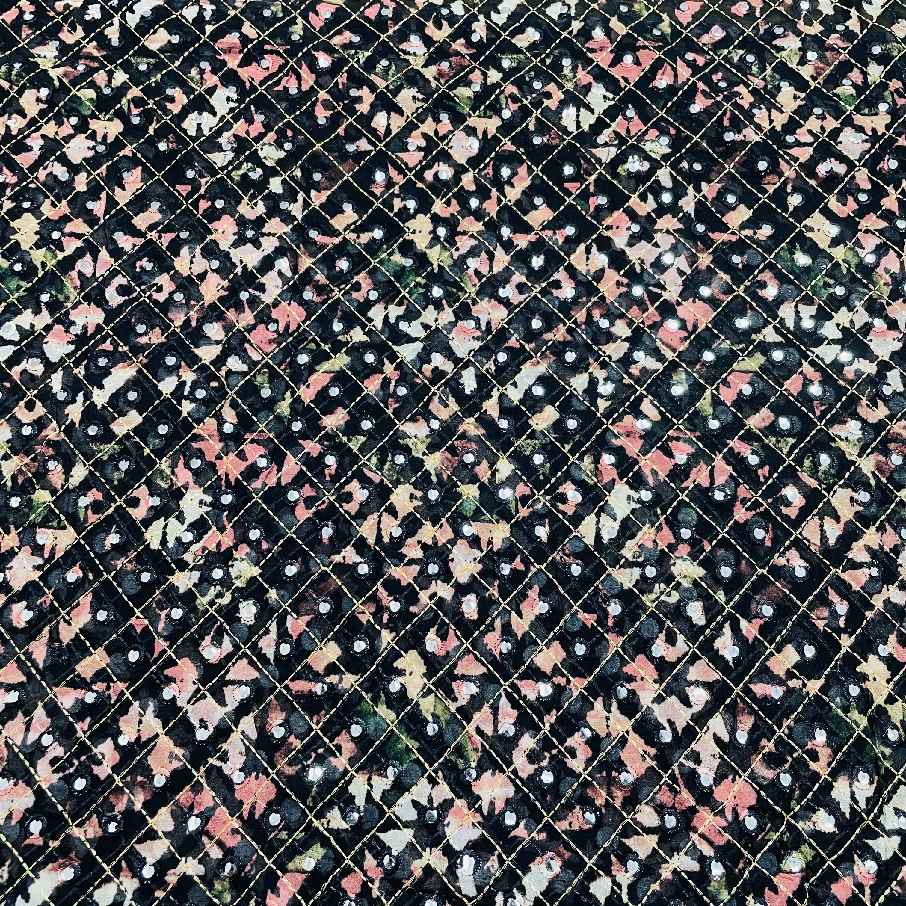 Black Peach Pink Zari With Mirror Work Embroidery Georgette Fabric 61 - Image 2