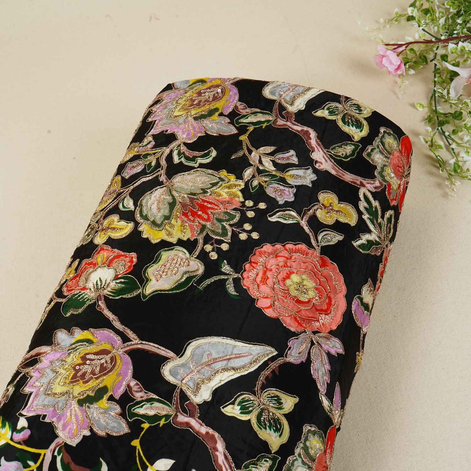 Black Position Print Zari Embroidery Crepe Fabric NF-28006