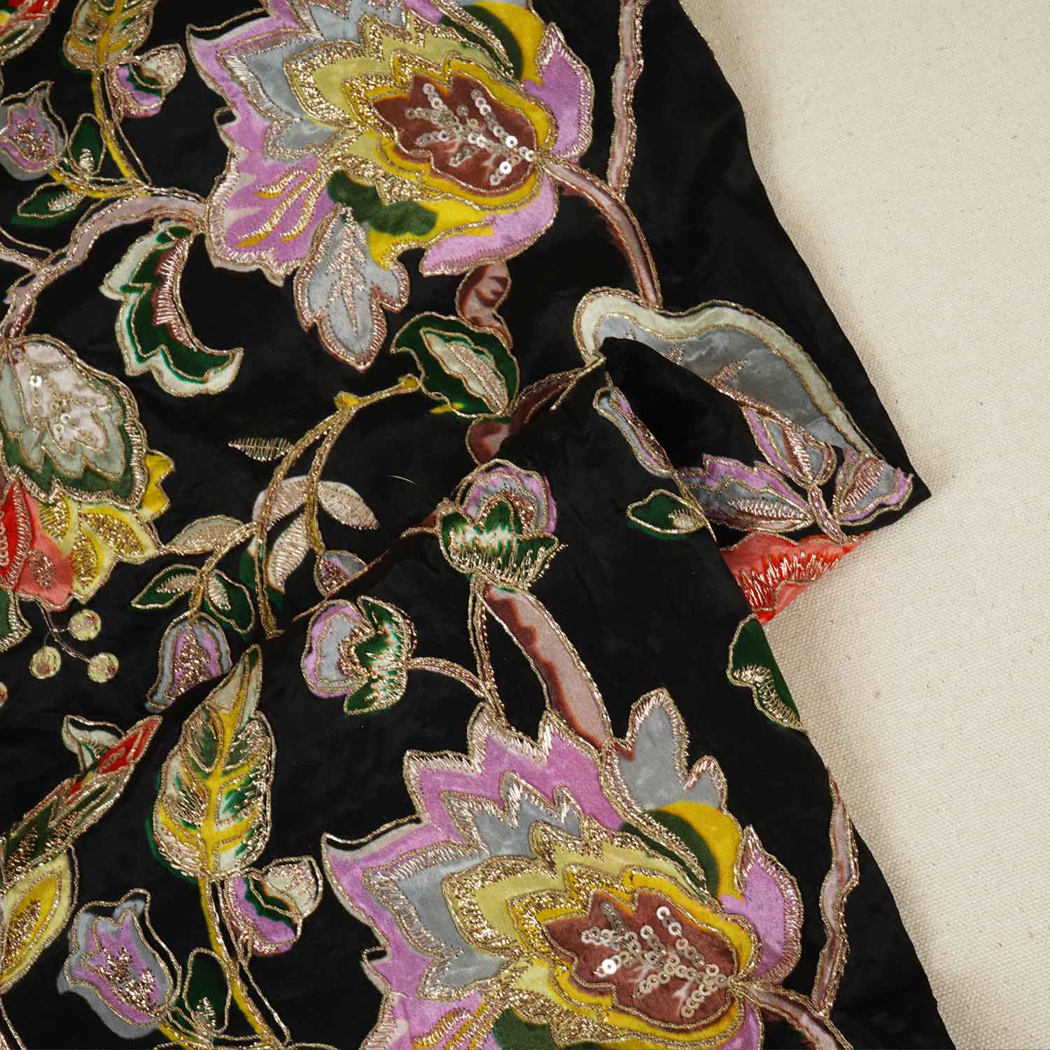 Black Position Print Zari Embroidery Crepe Fabric NF-28006 - Image 2