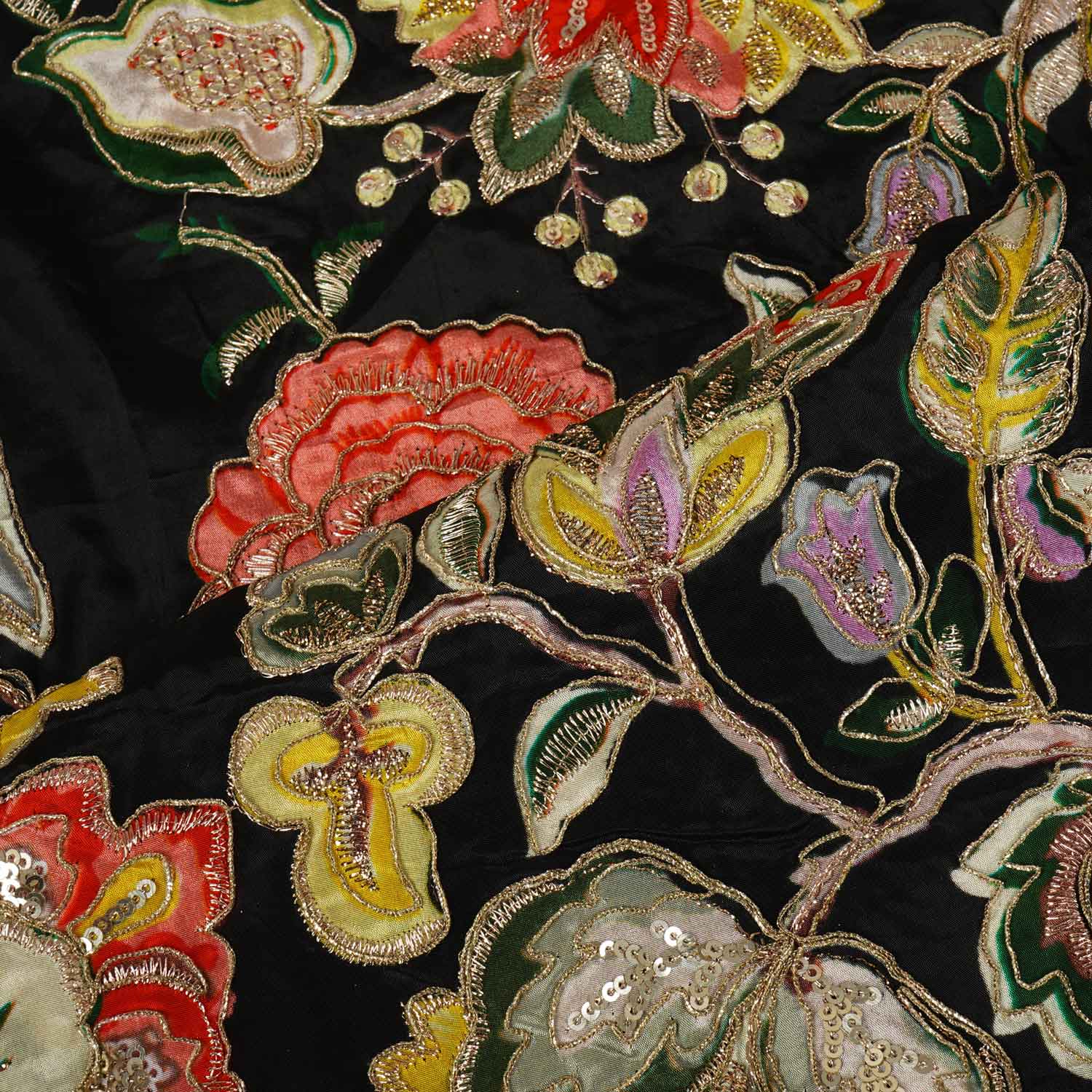 Black Position Print Zari Embroidery Crepe Fabric NF-28006 - Image 3