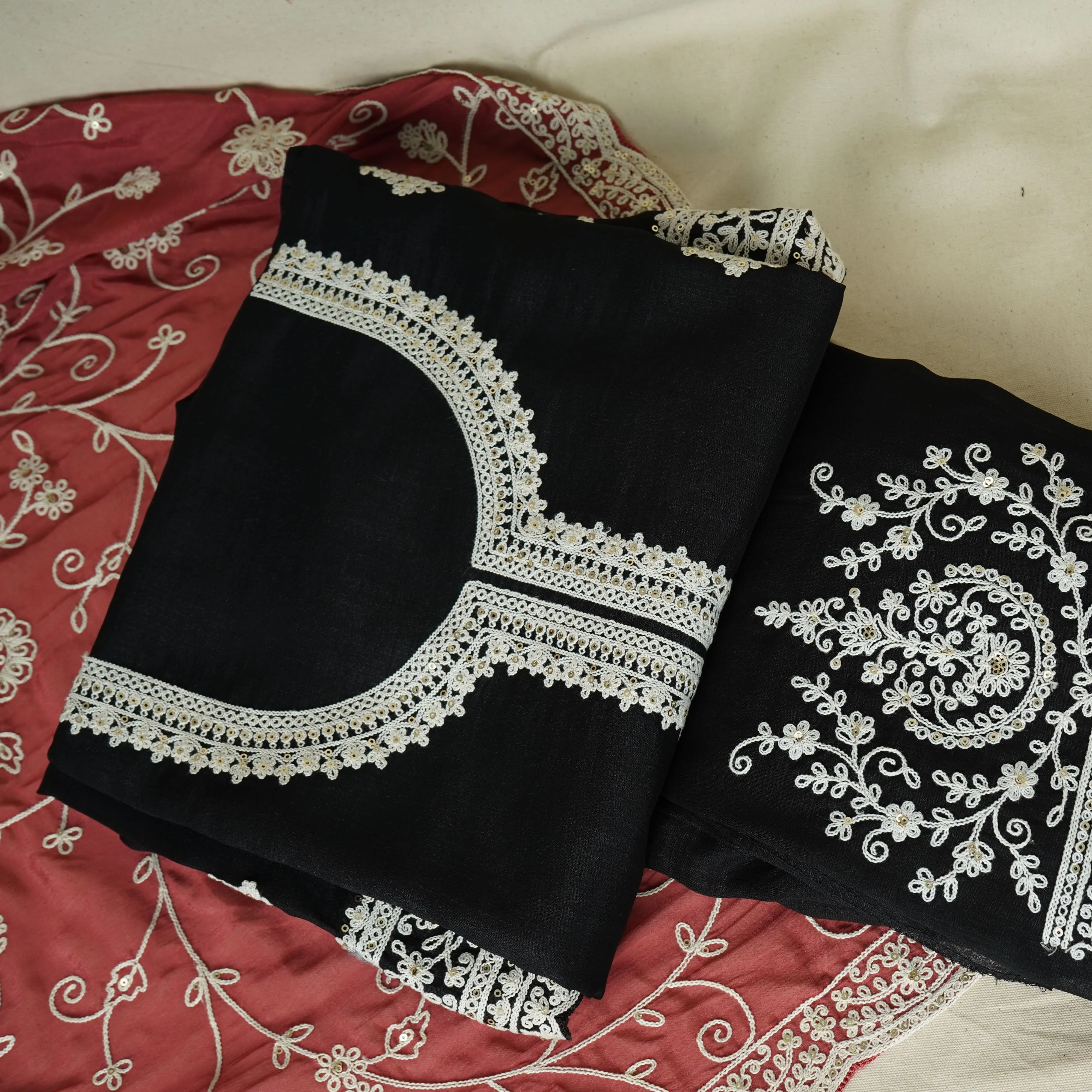 Black Red Chikankari Embroidery Pure Chinnon Suit Set With Dupatta - Image 3