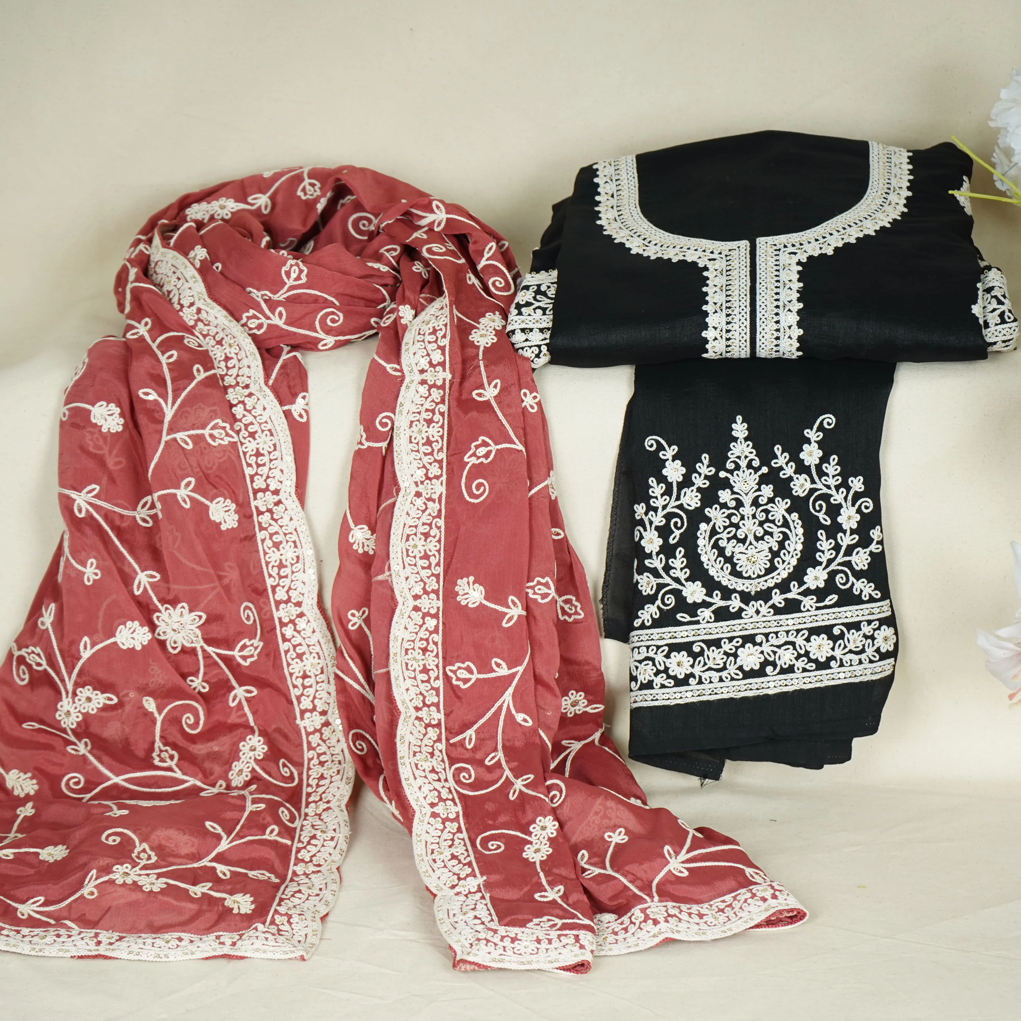 Black Red Chikankari Embroidery Pure Chinnon Suit Set With Dupatta - Image 4