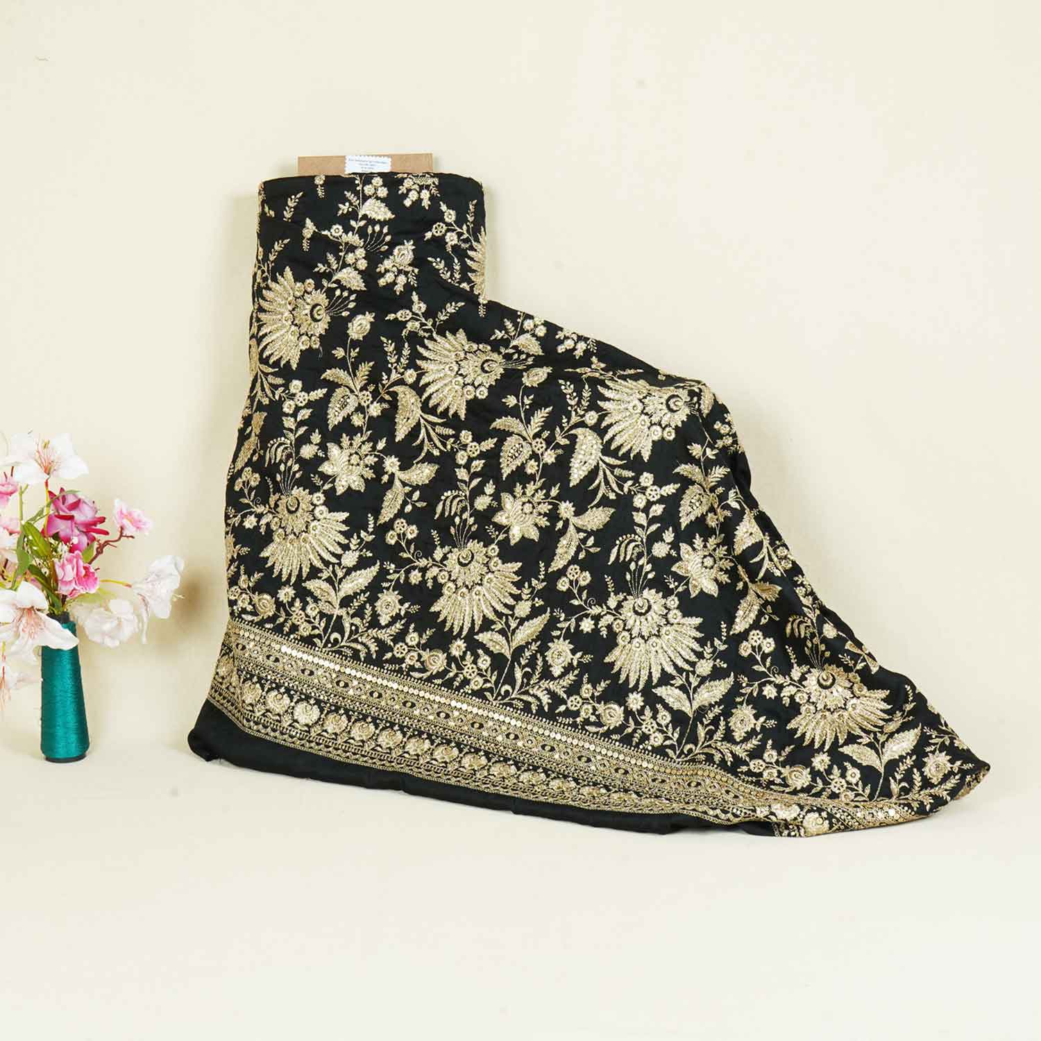 Black Sabyasachi Zari Embroidery Raw Silk Fabric DR-28211
