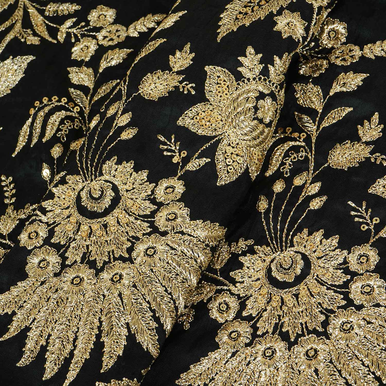 Black Sabyasachi Zari Embroidery Raw Silk Fabric DR-28211 - Image 3