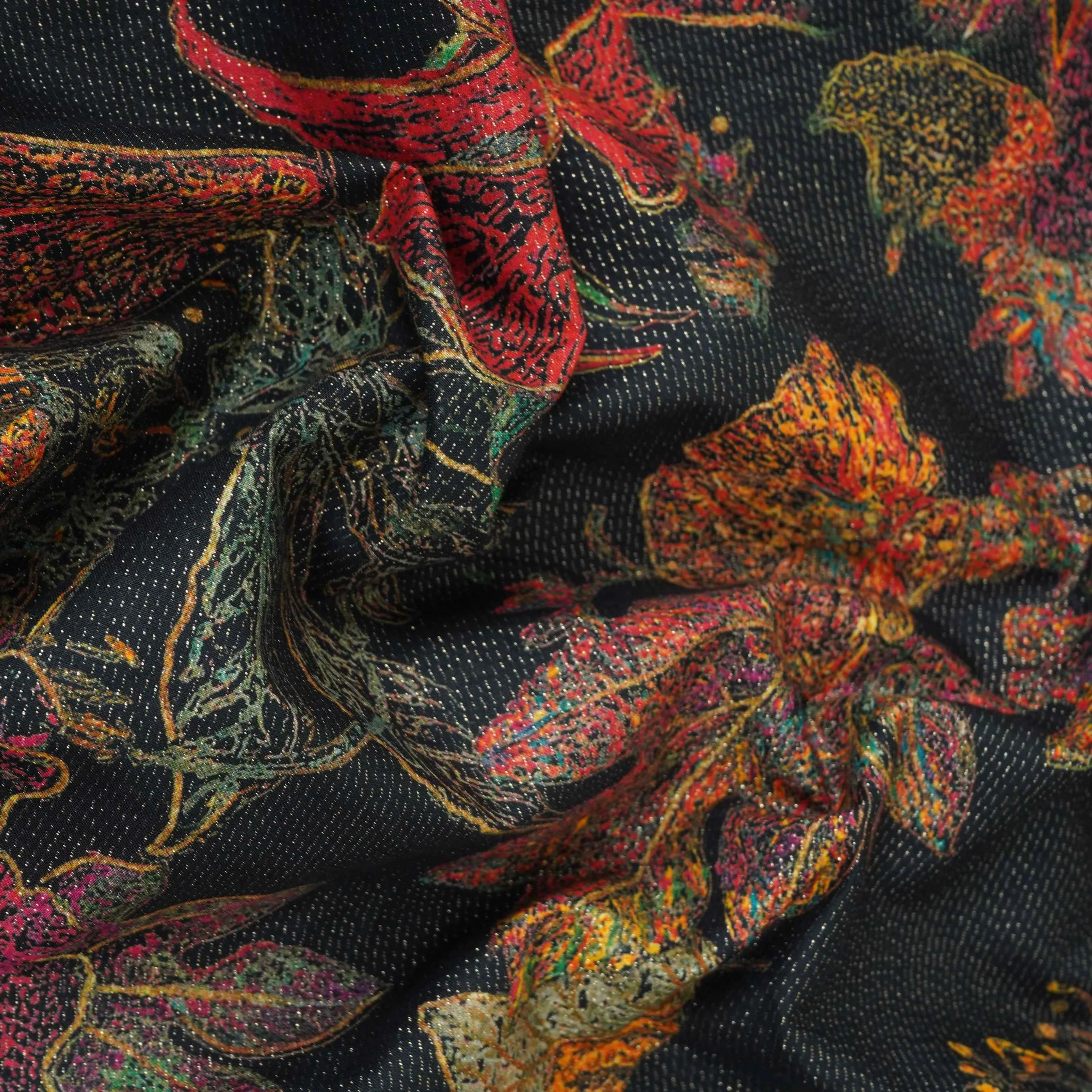 Black Shimmer Big floral print 60s Cotton Fabric PI-31887 - Image 3