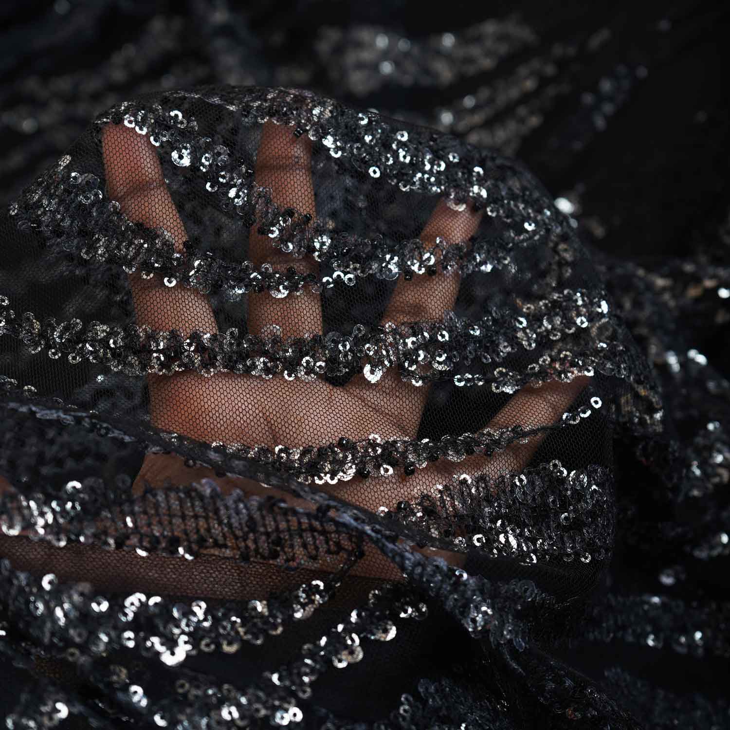 Black & Silver Handwork Bead Imported & Sequence Embroidery Net CF-8998 - Image 3