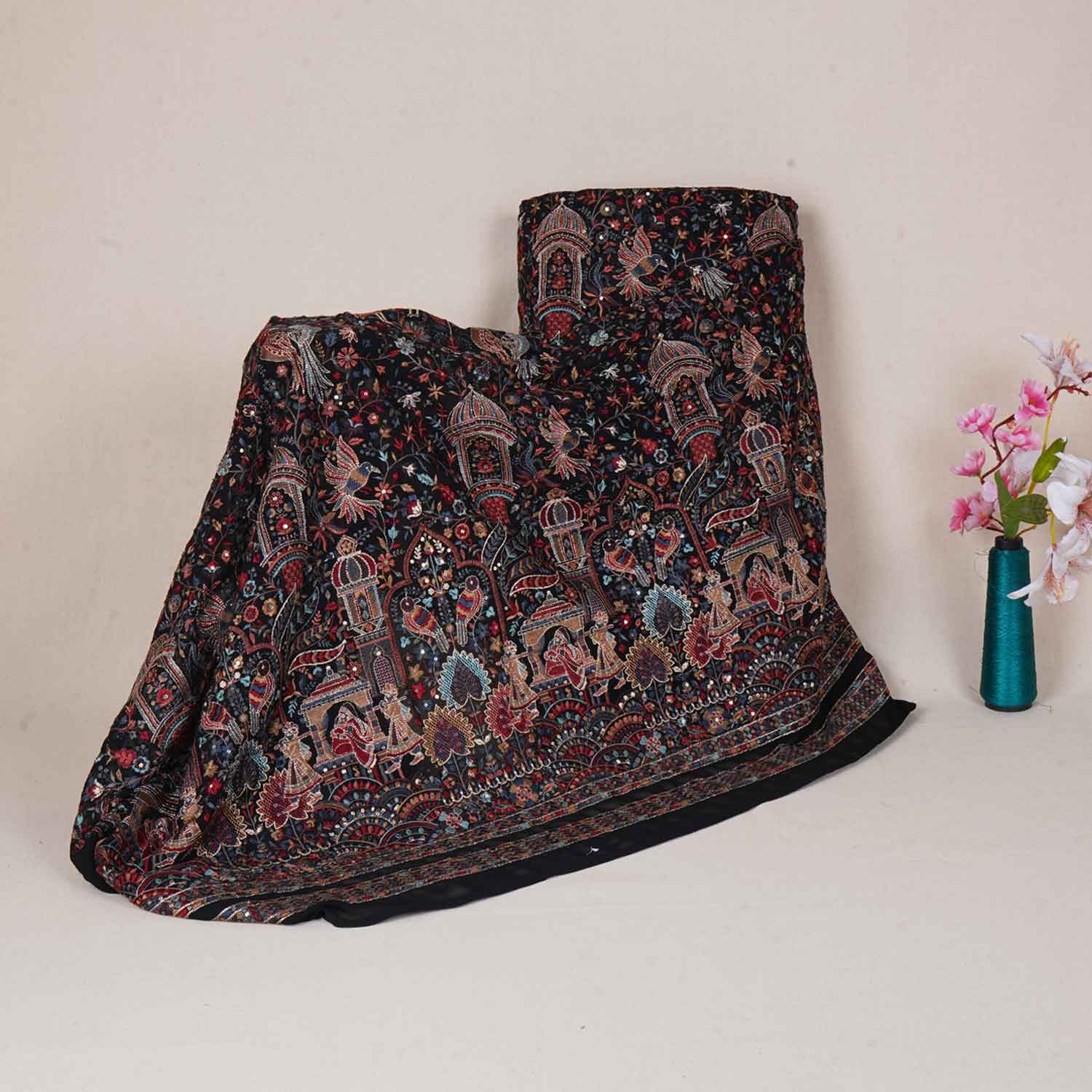 Black Traditional Zari Embroidery Georgette Fabric DR-28021
