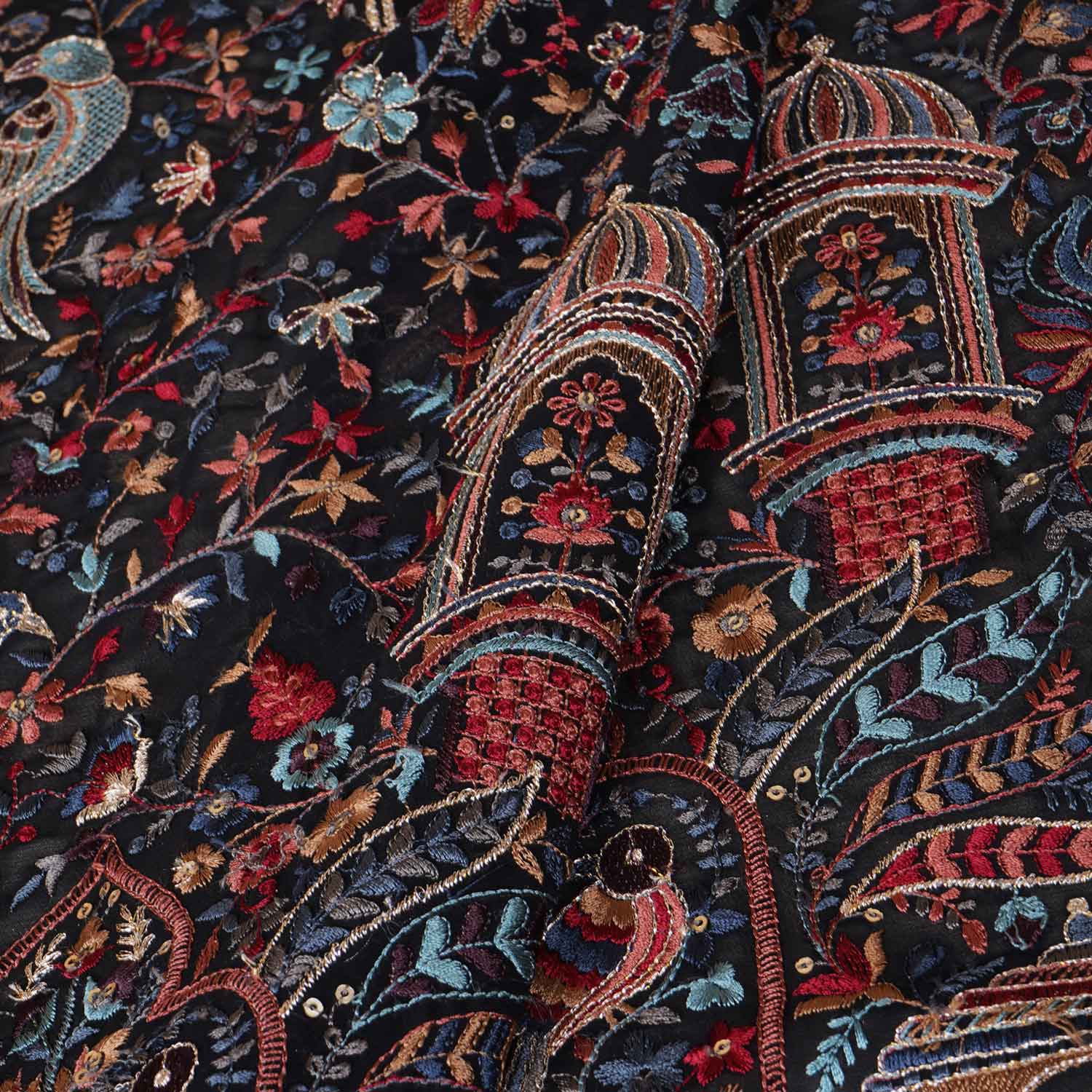Black Traditional Zari Embroidery Georgette Fabric DR-28021 - Image 3
