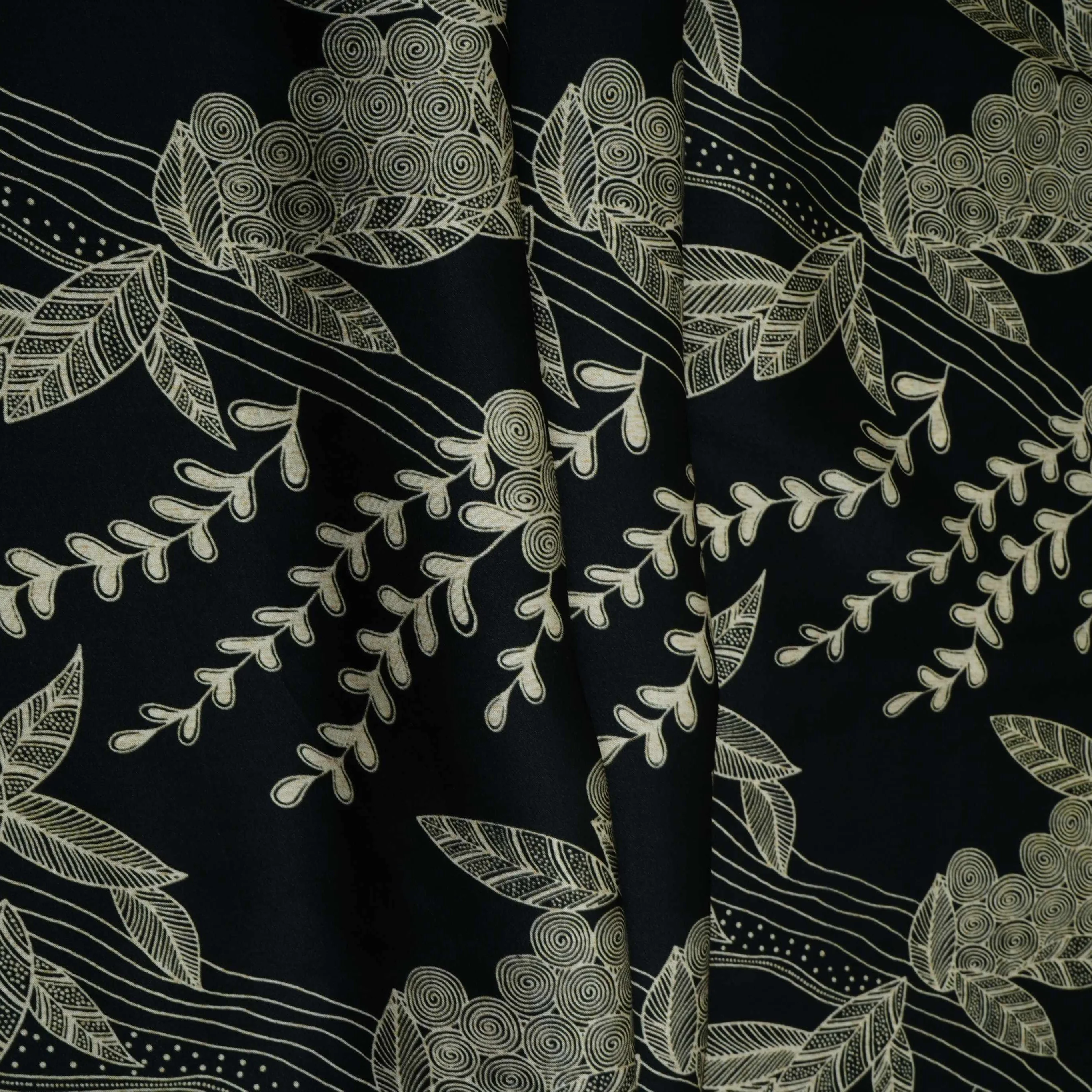 Black with Cream floral print Modal Satin Fabric VP-31995 - Image 4