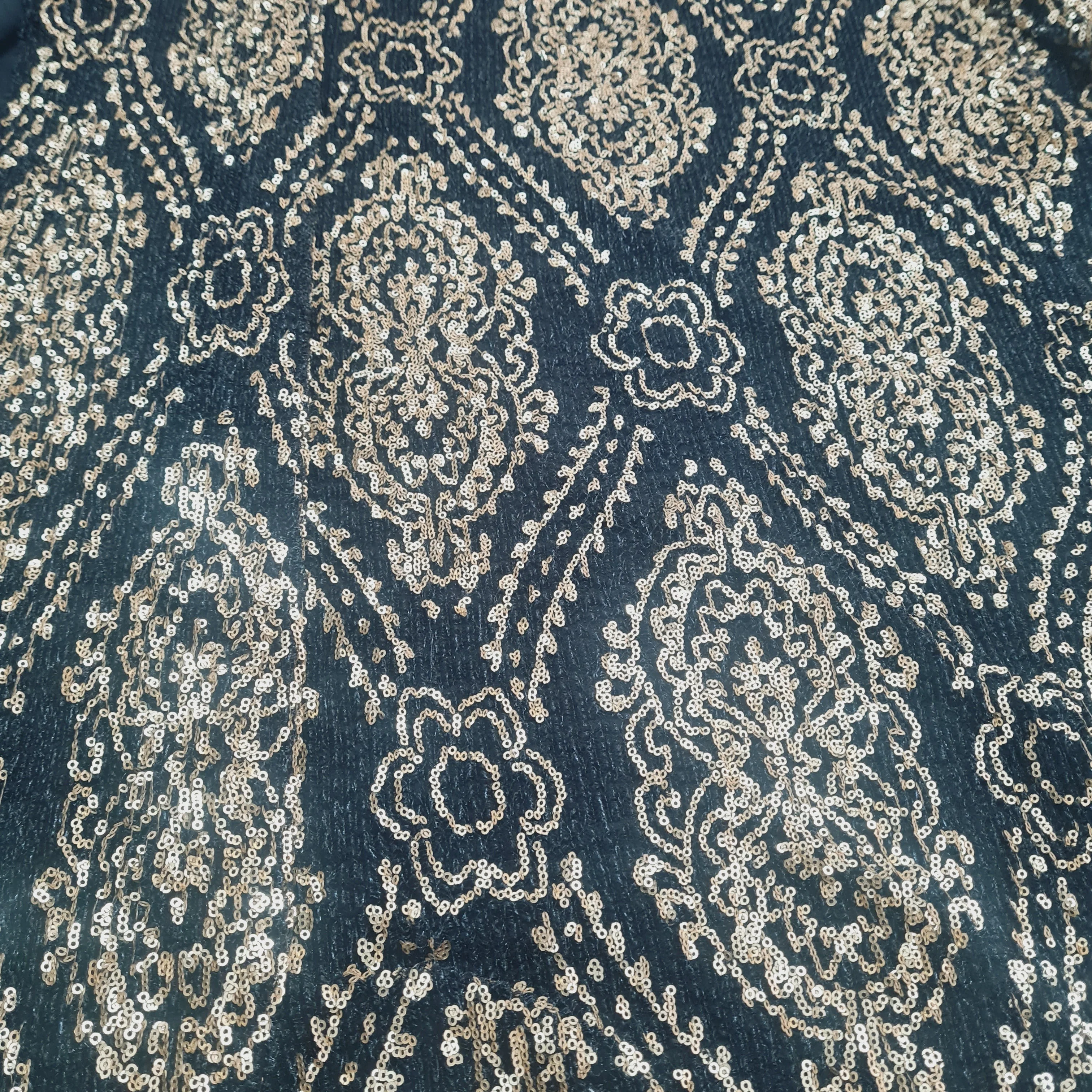 Black With Gold Sequins Embroidery Lycra Net Fabric - Image 3