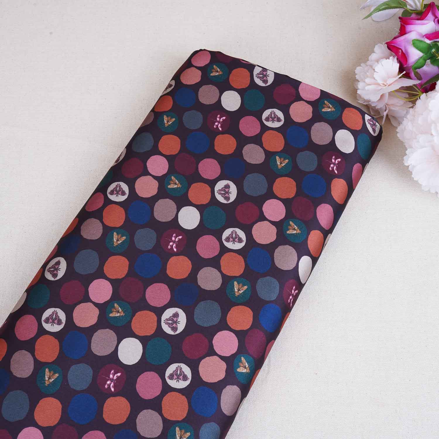 Black With Multicolor Polka Dot Abstract Print Japan Satin Fabric MF-28578