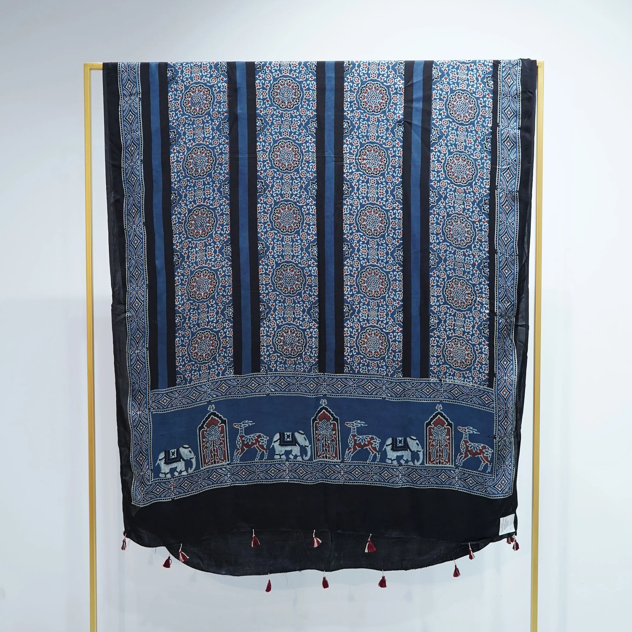 Black with Teal Blue Ajrakh print Modal Silk Kaftan EEG-31612 - Image 2