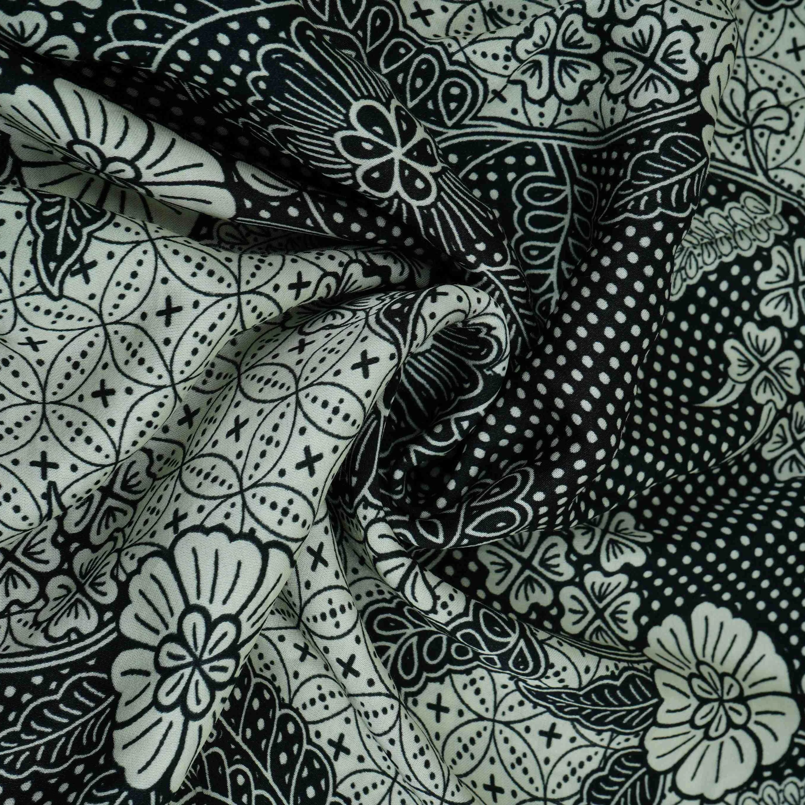 Black with White floral print Modal Satin Fabric VP-31994 - Image 3