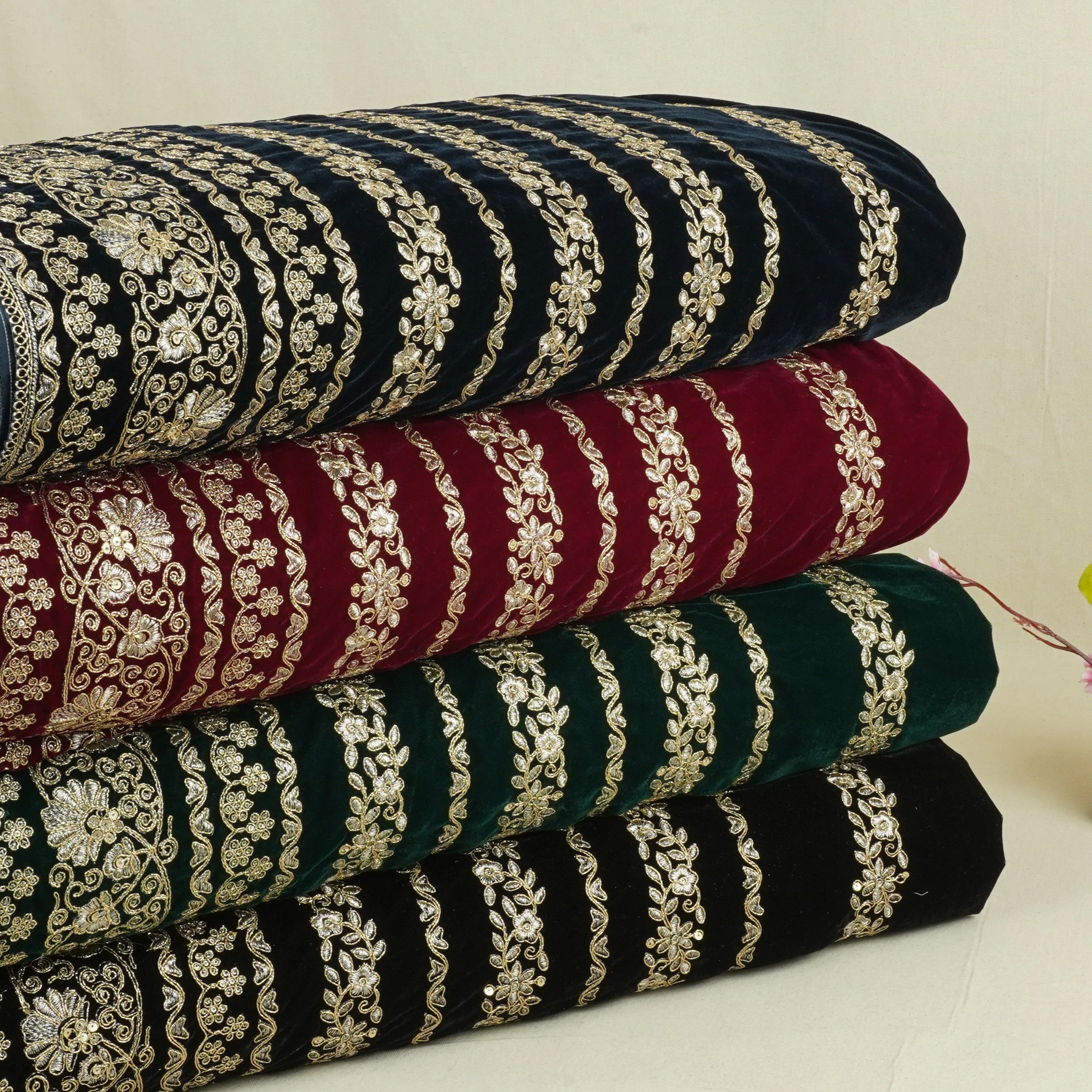 Black Zari Sequnis embroidery Velvet Fabric JD-28600 - Image 6