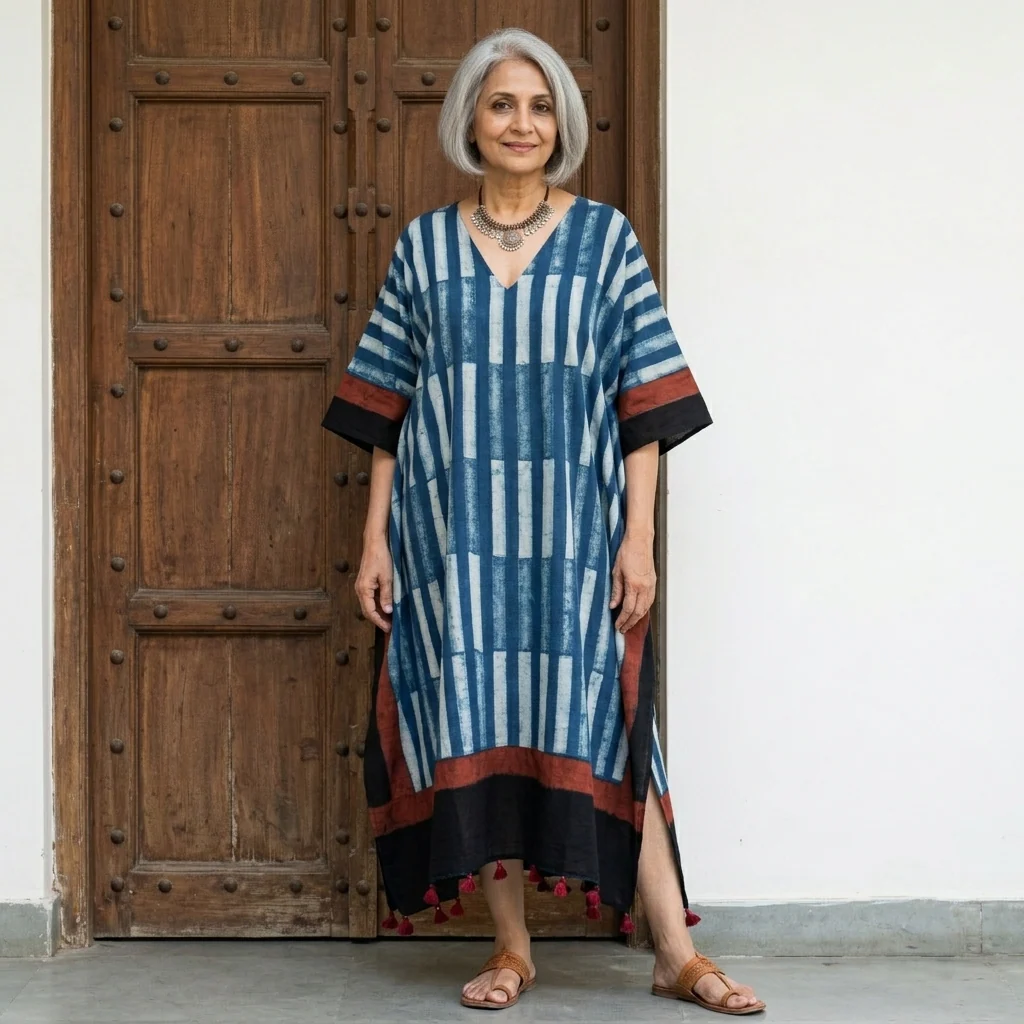 Blue Ajrakh print Modal Silk Kaftan EEG-31634