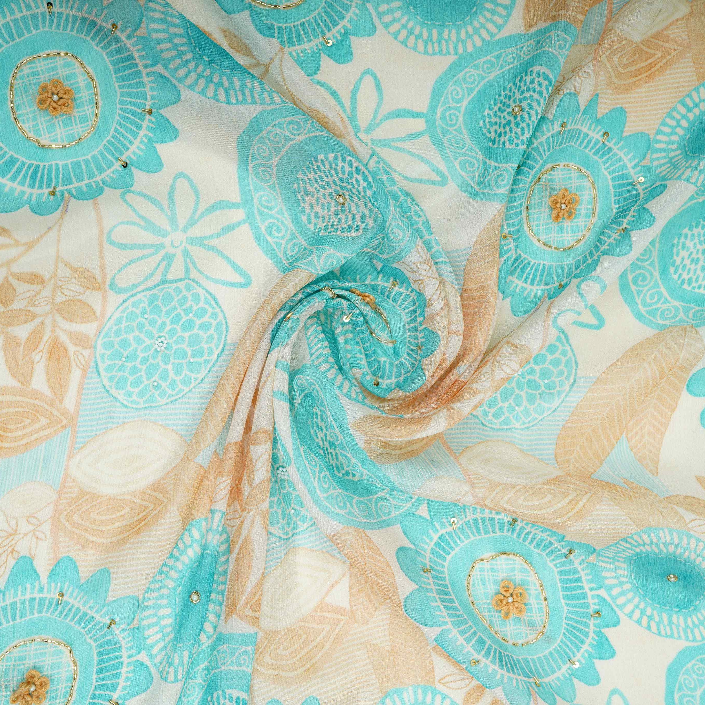 Blue & Beige Floral Hand Embroidery Chinnon Fabric VF-30659 - Image 3