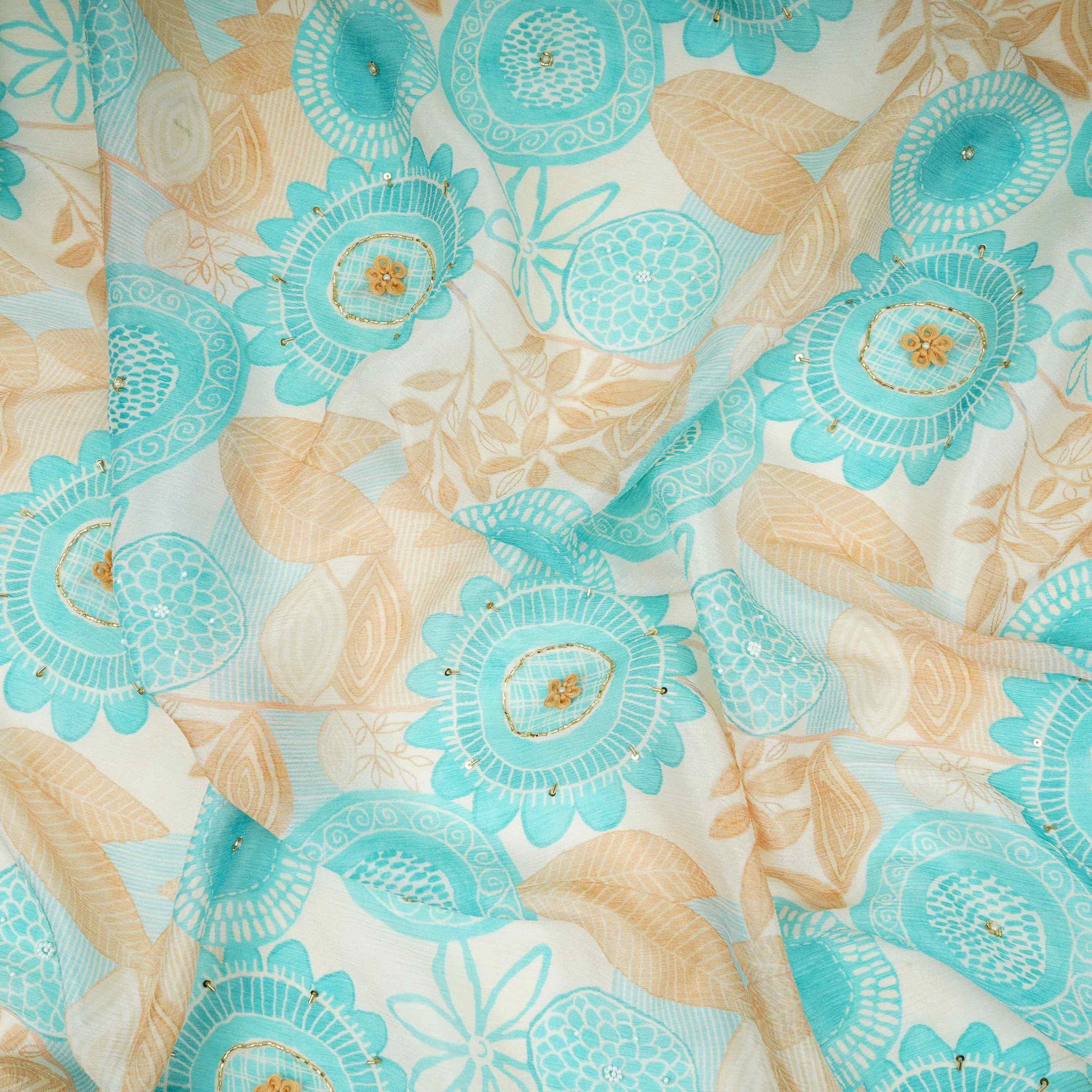 Blue & Beige Floral Hand Embroidery Chinnon Fabric VF-30659 - Image 4