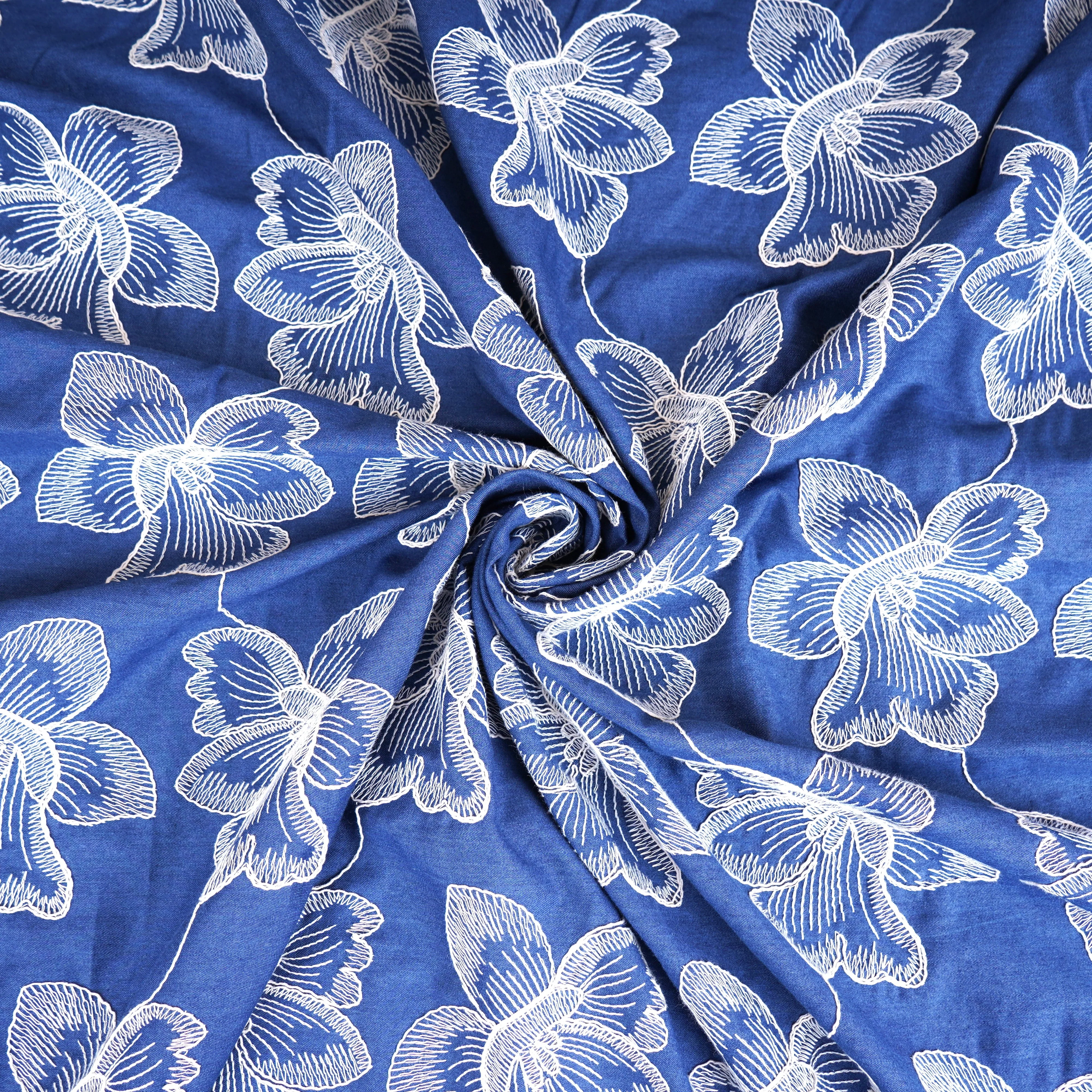 Blue & White Floral Embroidery Denim Fabric TF-30047 - Image 2