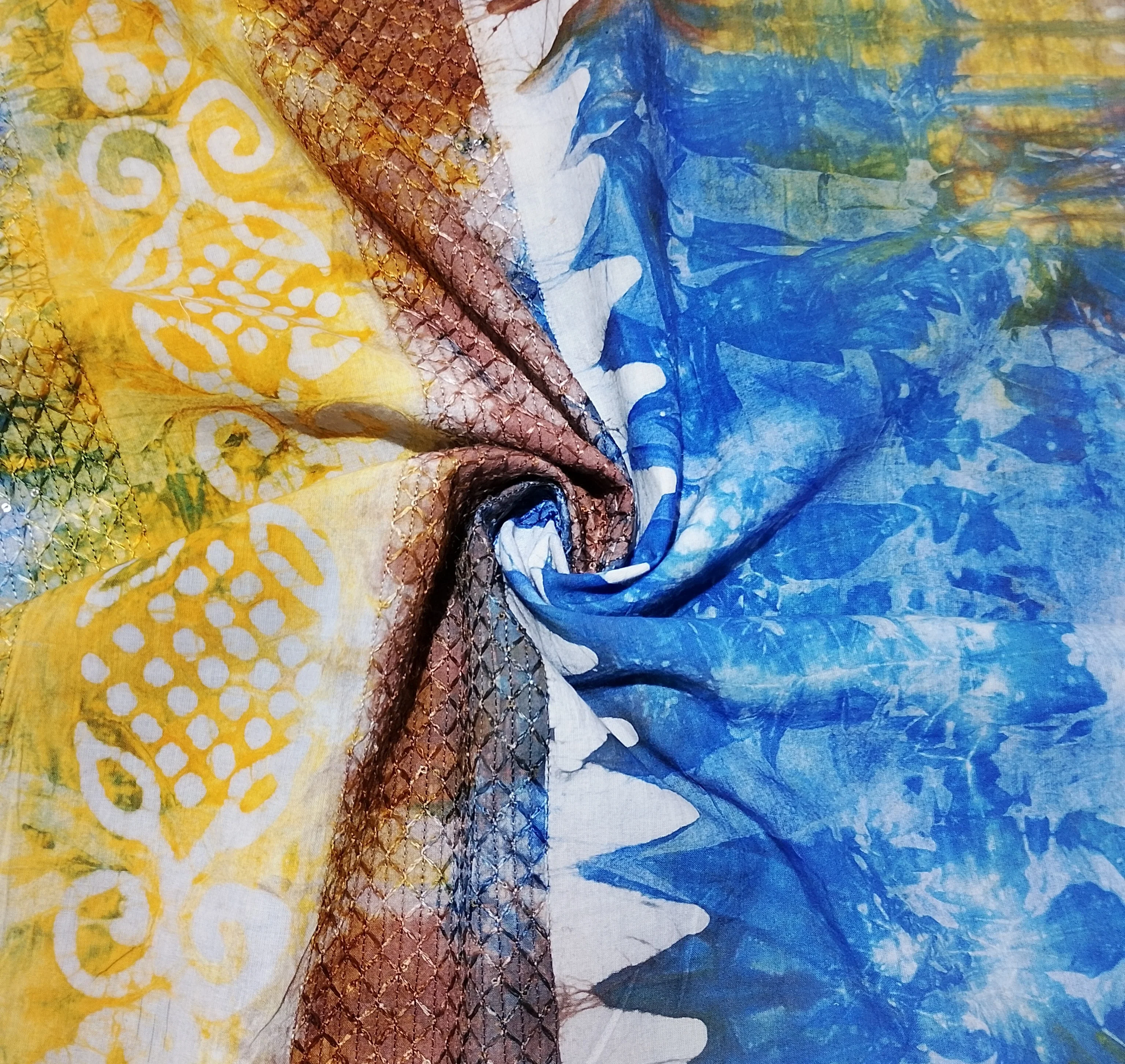 Blue Batik Print Sequence Embroidery Cotton Fabric