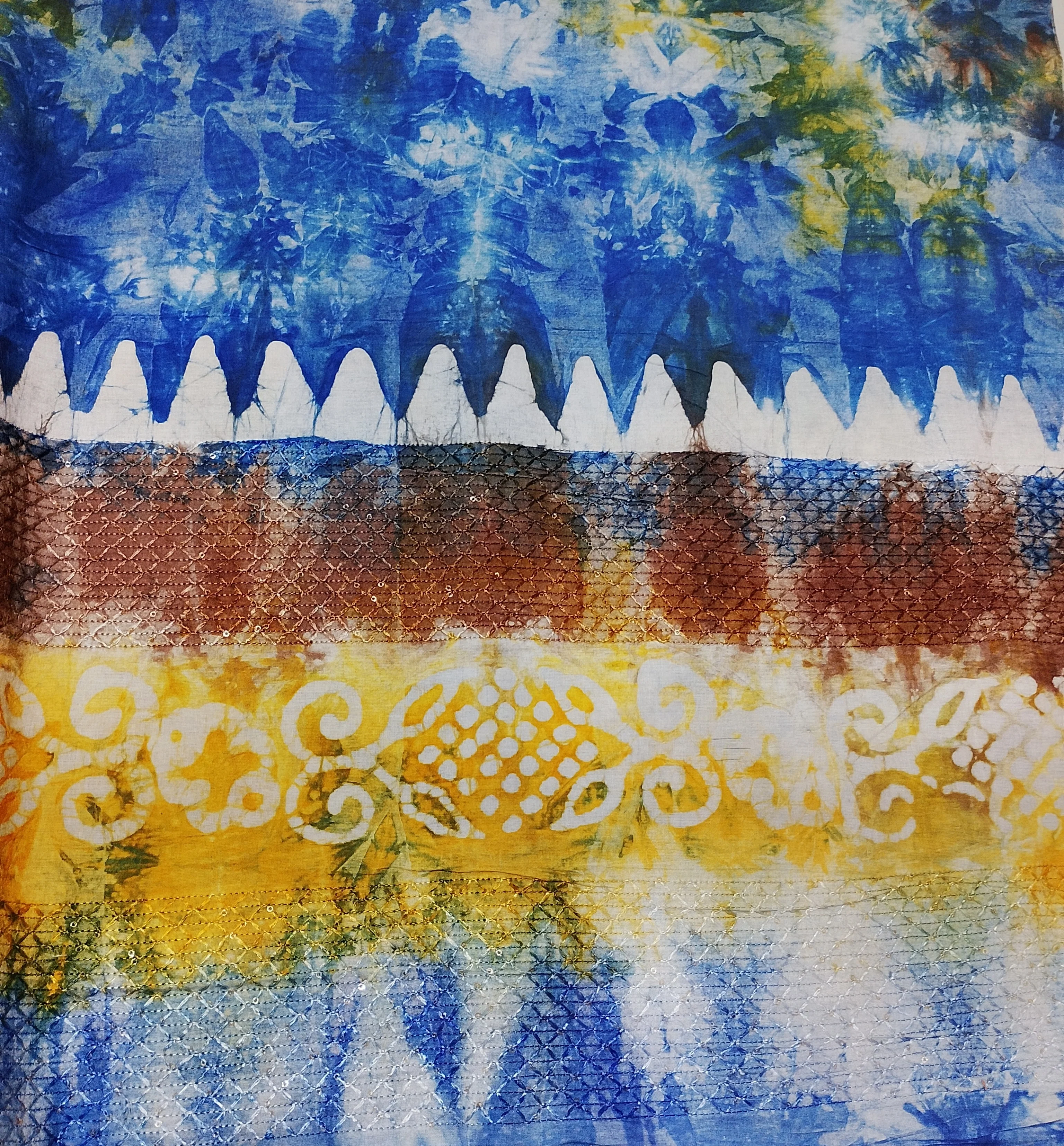 Blue Batik Print Sequence Embroidery Cotton Fabric - Image 2