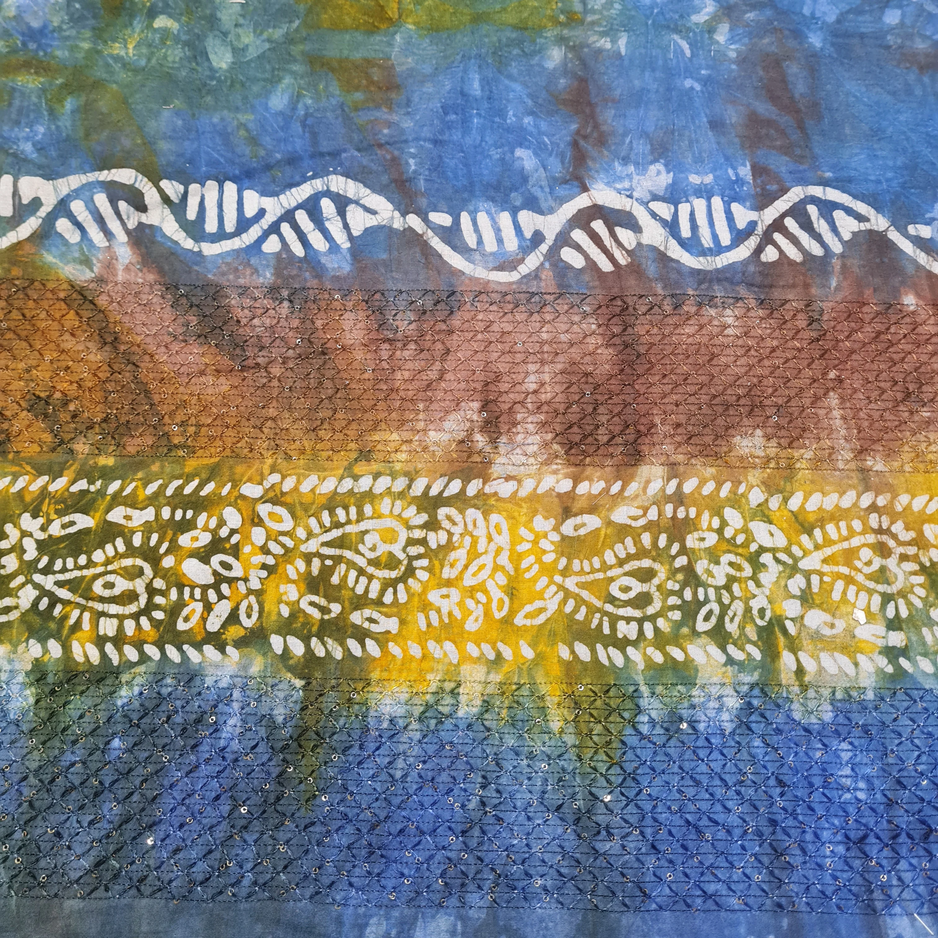Blue Batik Print Sequins Embroidery Cotton Fabric - Image 2