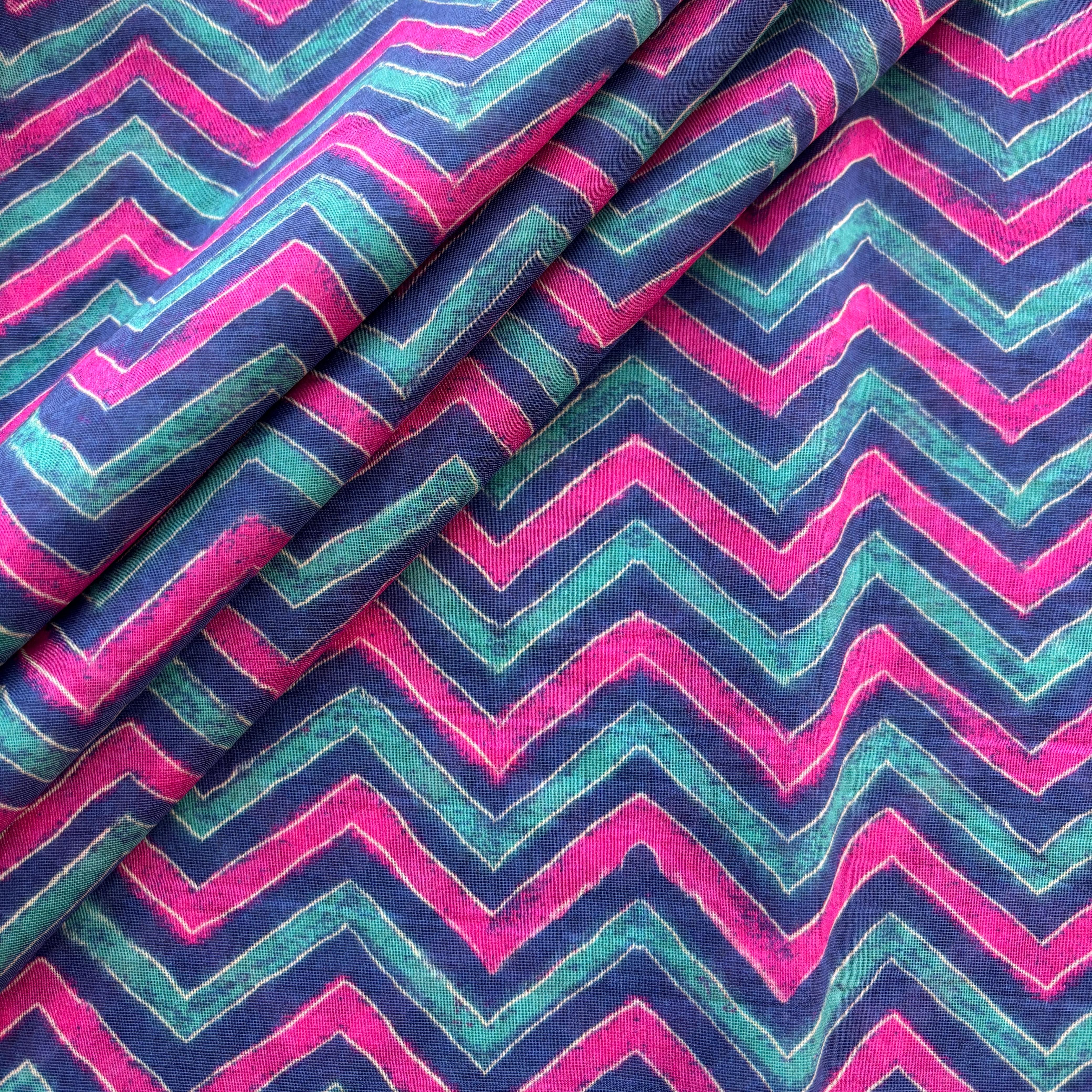 Blue Chevron Print Chanderi Silk Fabric 17698 - Image 3