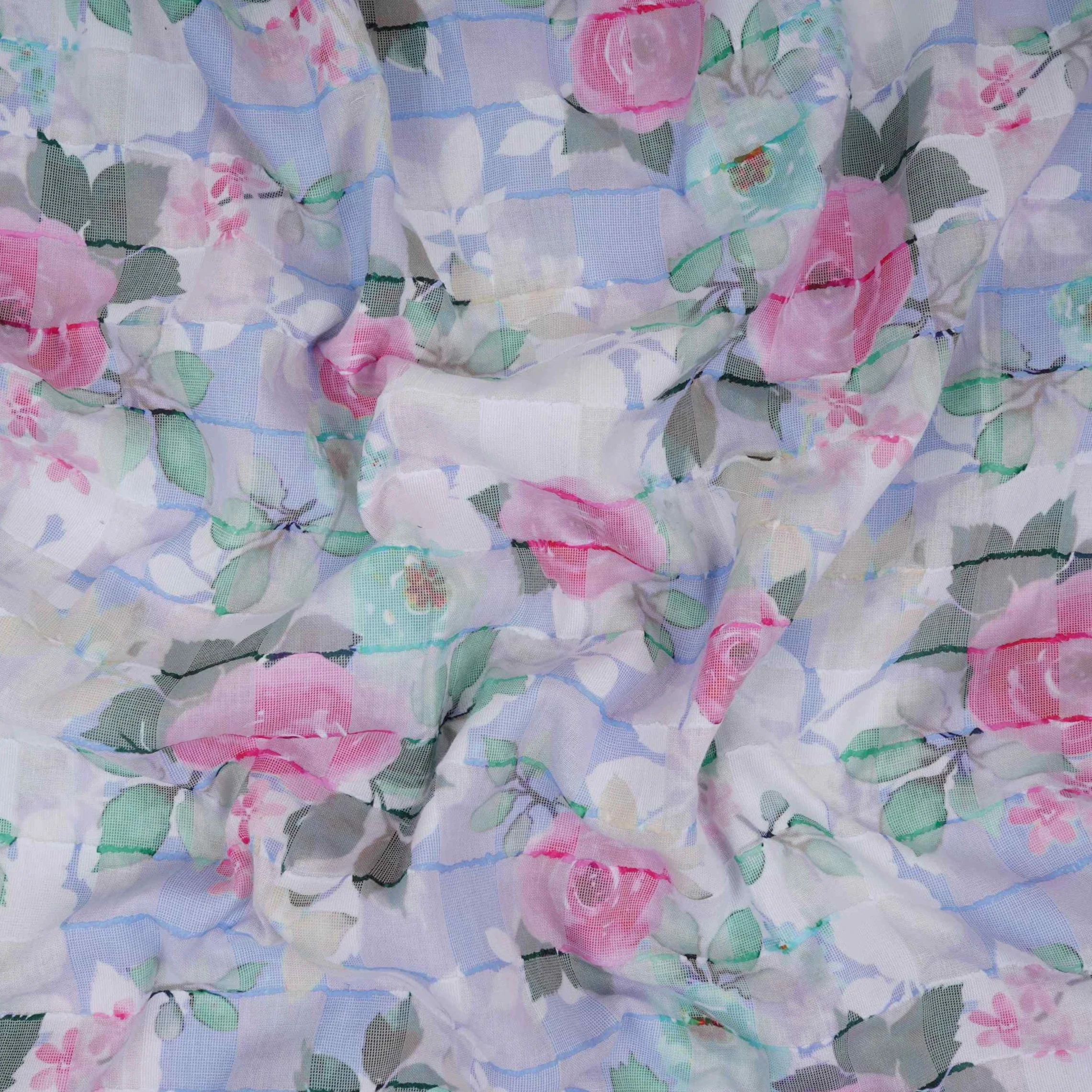 Blue Dobby check floral print Cotton Linen Fabric DE-32136 - Image 3