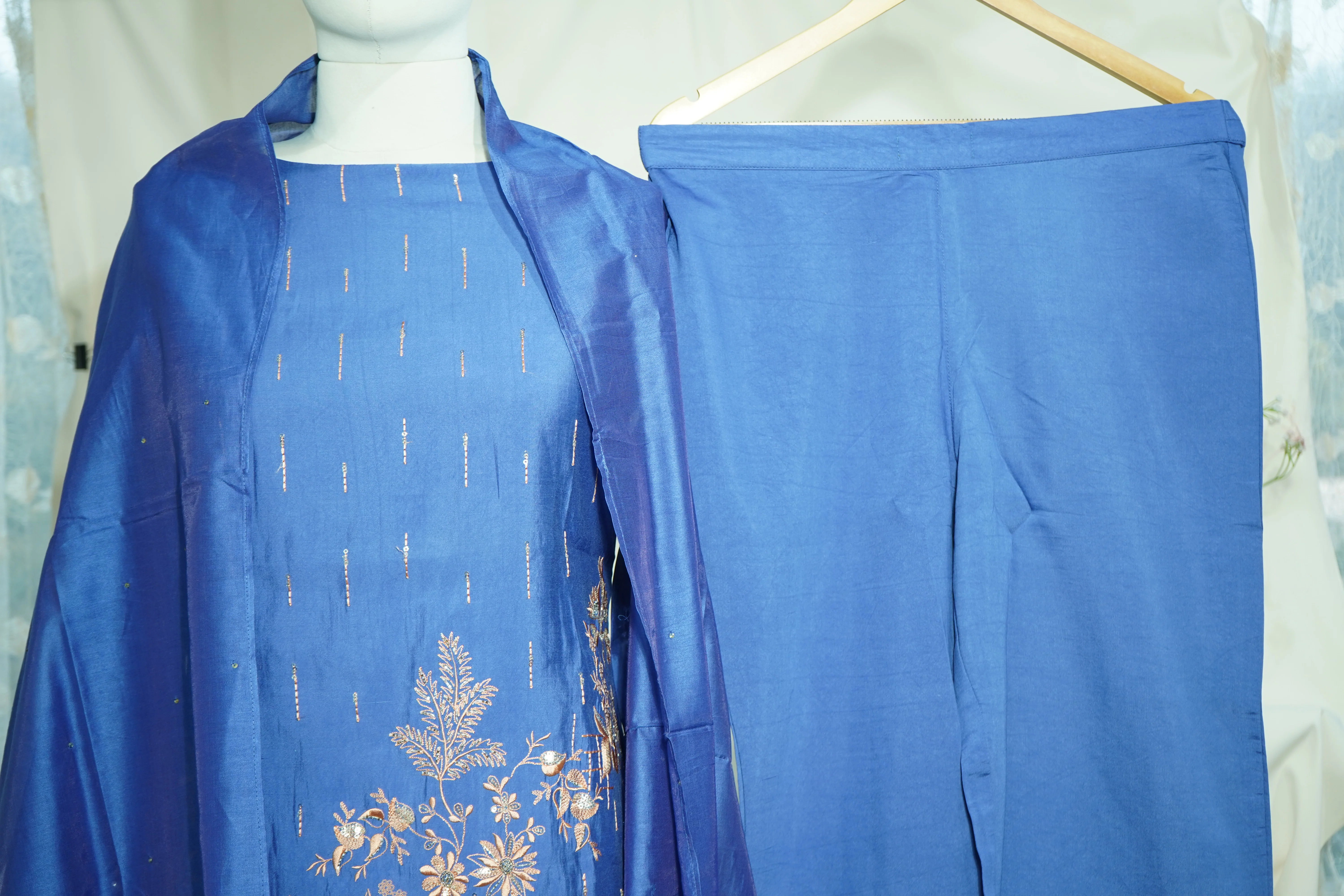Blue Embroidered Coord Set(Top,Bottom,Scarf-Muslin) - Image 4