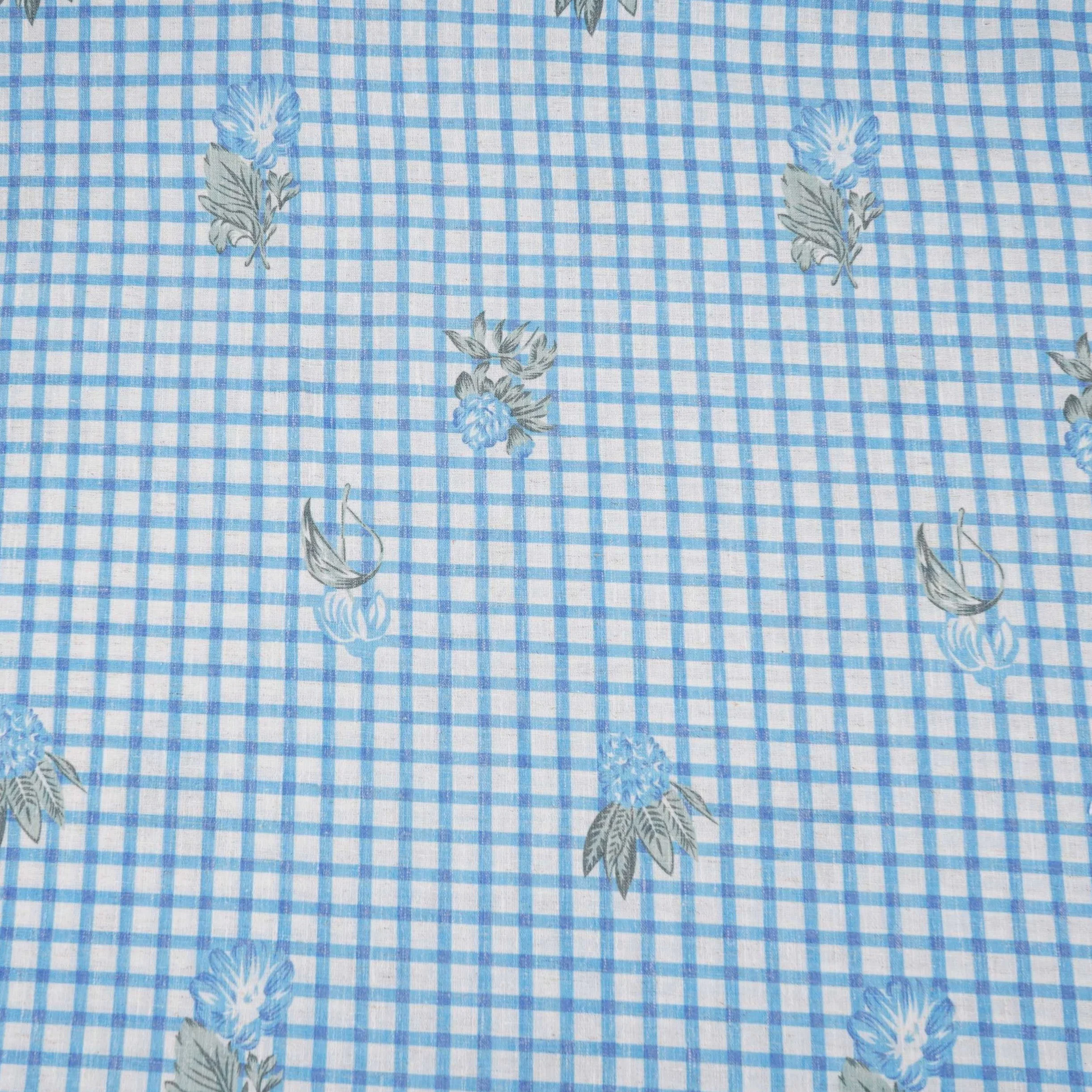 Blue floral Check print Linen Fabric DE-32131 - Image 2