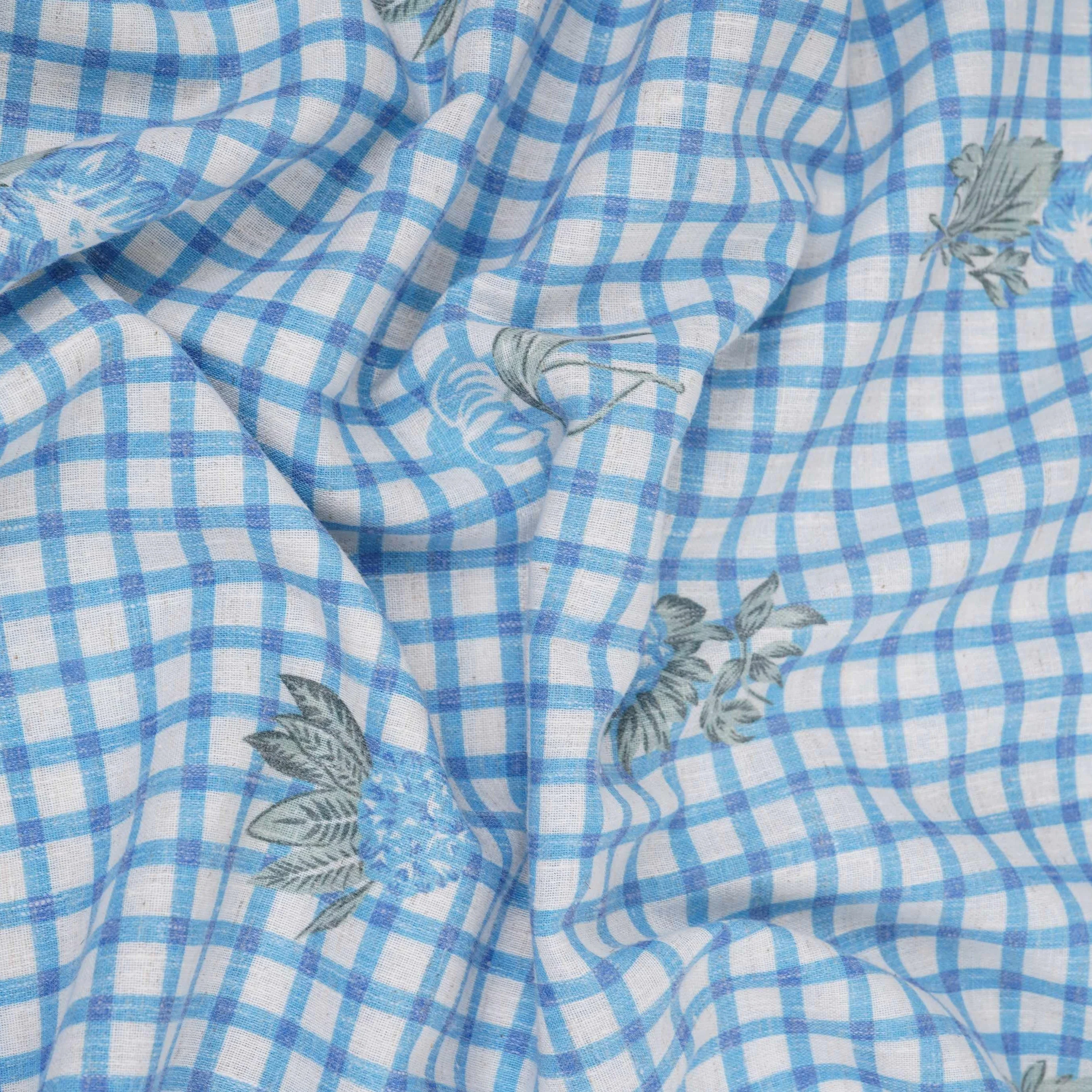 Blue floral Check print Linen Fabric DE-32131 - Image 3