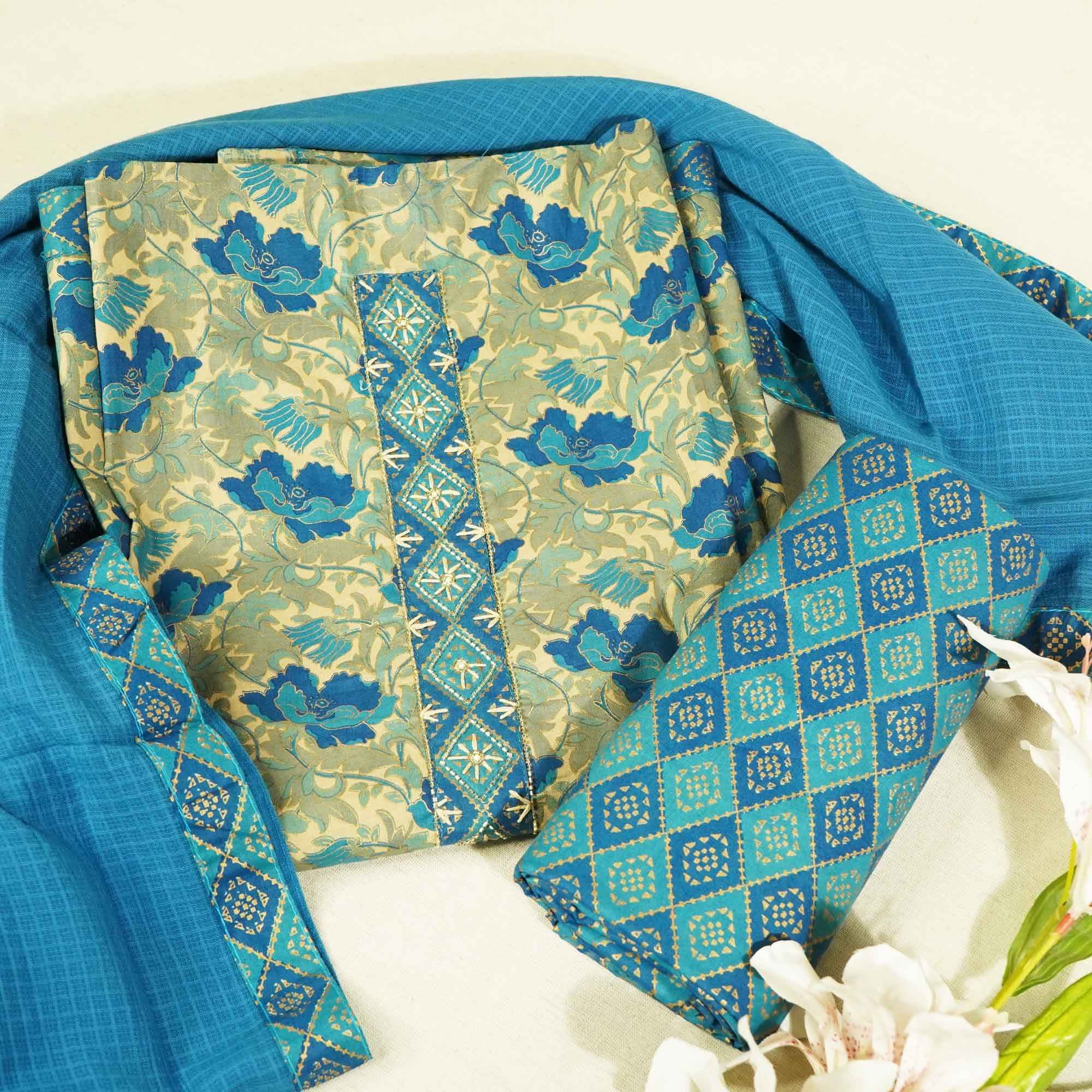 Blue Floral Foil Print With Embroidery Suit Set With Dupatta PB-23748
