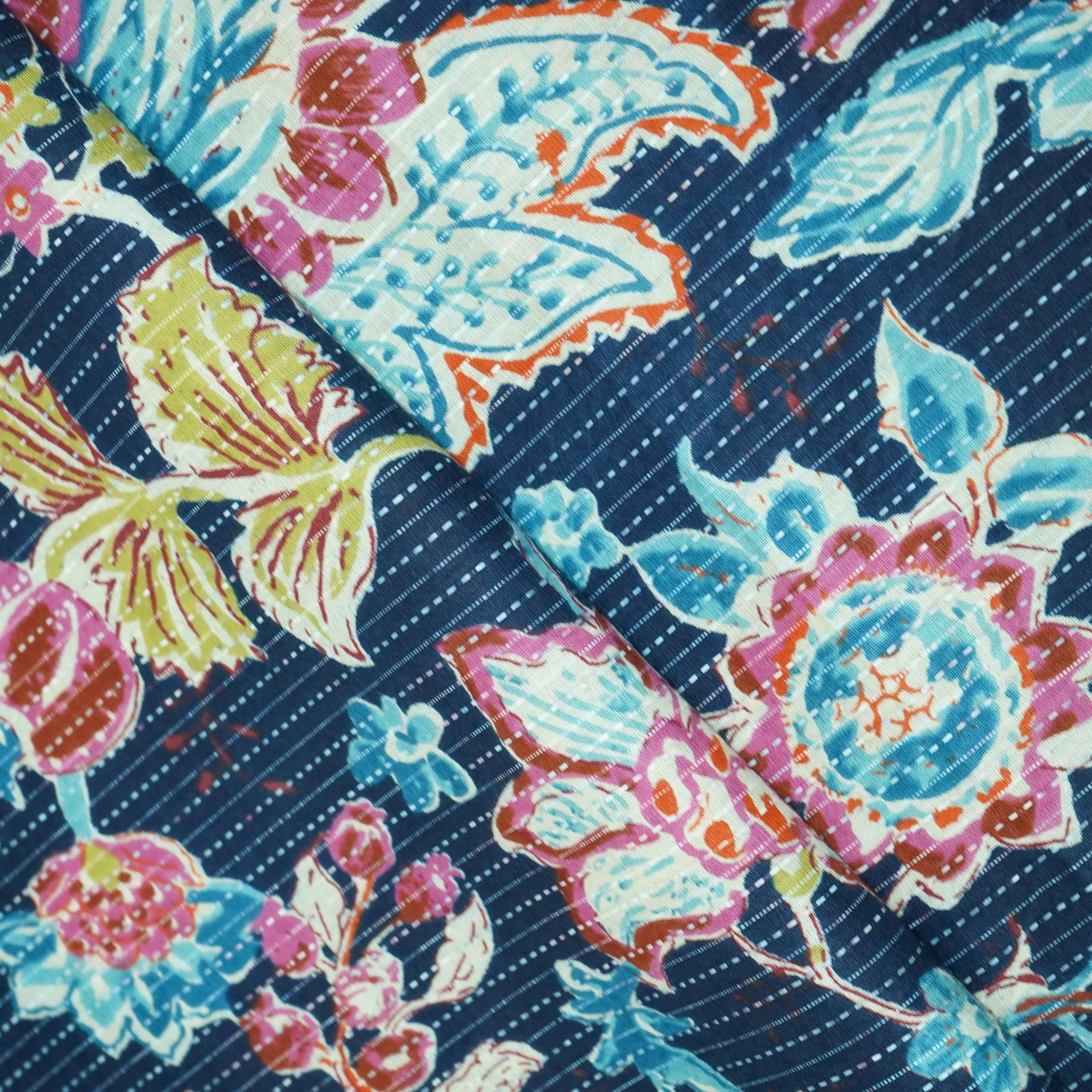 Blue Floral Print Cotton Katha Fabric 23460 - Image 3