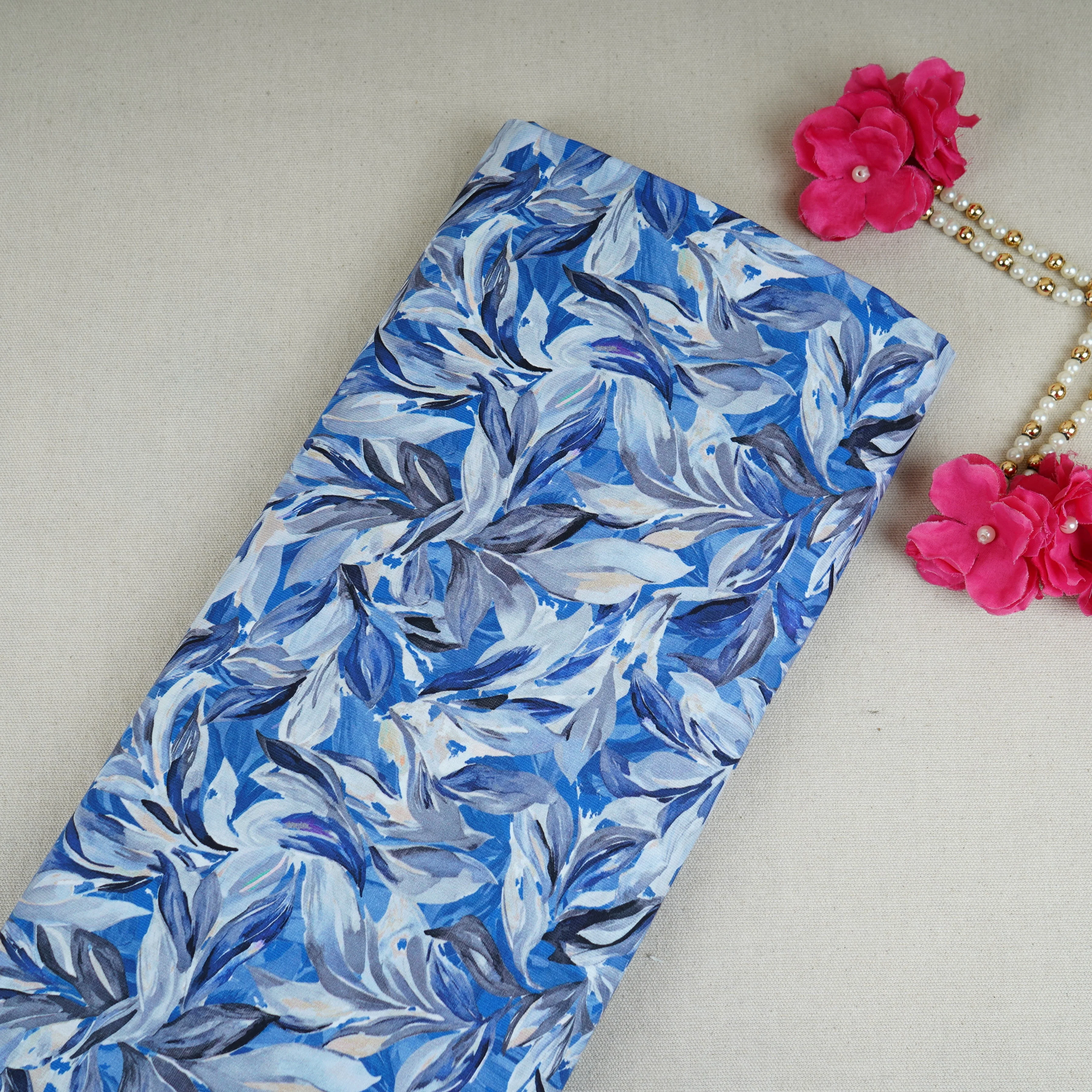 Blue Floral Print Cotton Mulmul Fabric PG-30377