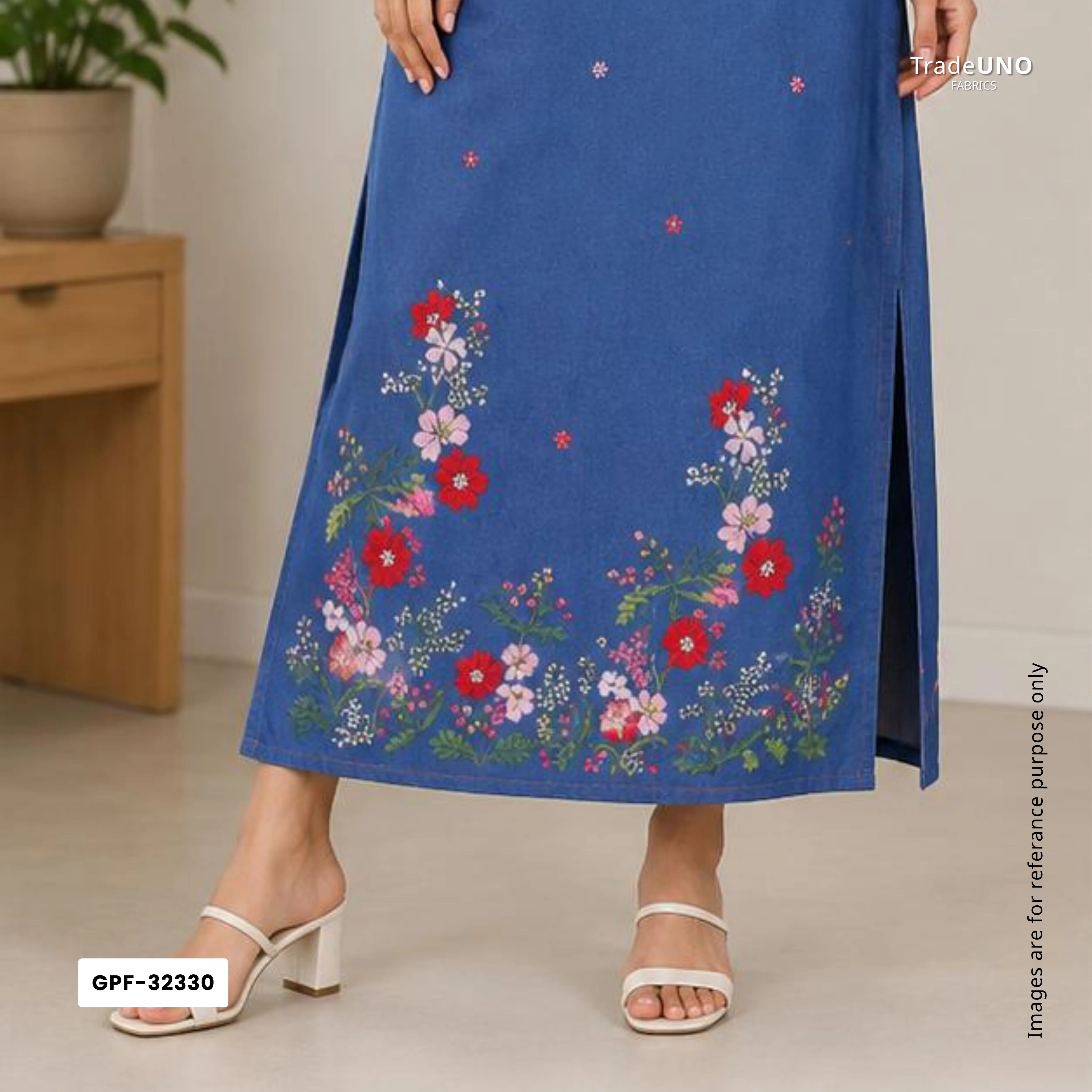 Blue Floral Thread Embroidery Denim Fabric GPF-32330 - Image 6
