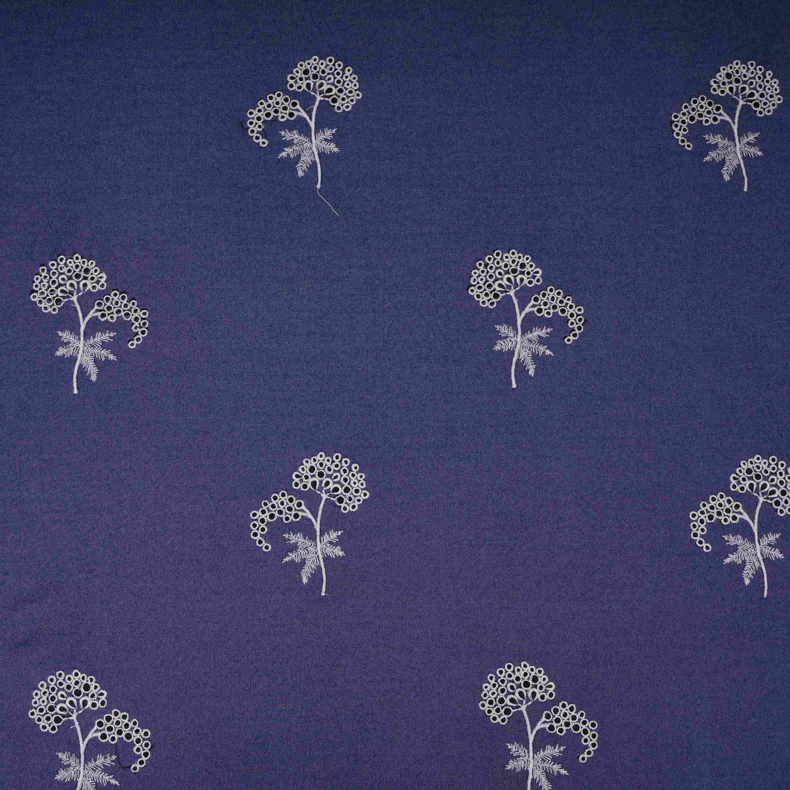 Blue Floral Thread Embroidery Thin Denim Fabric GPF-32326 - Image 2