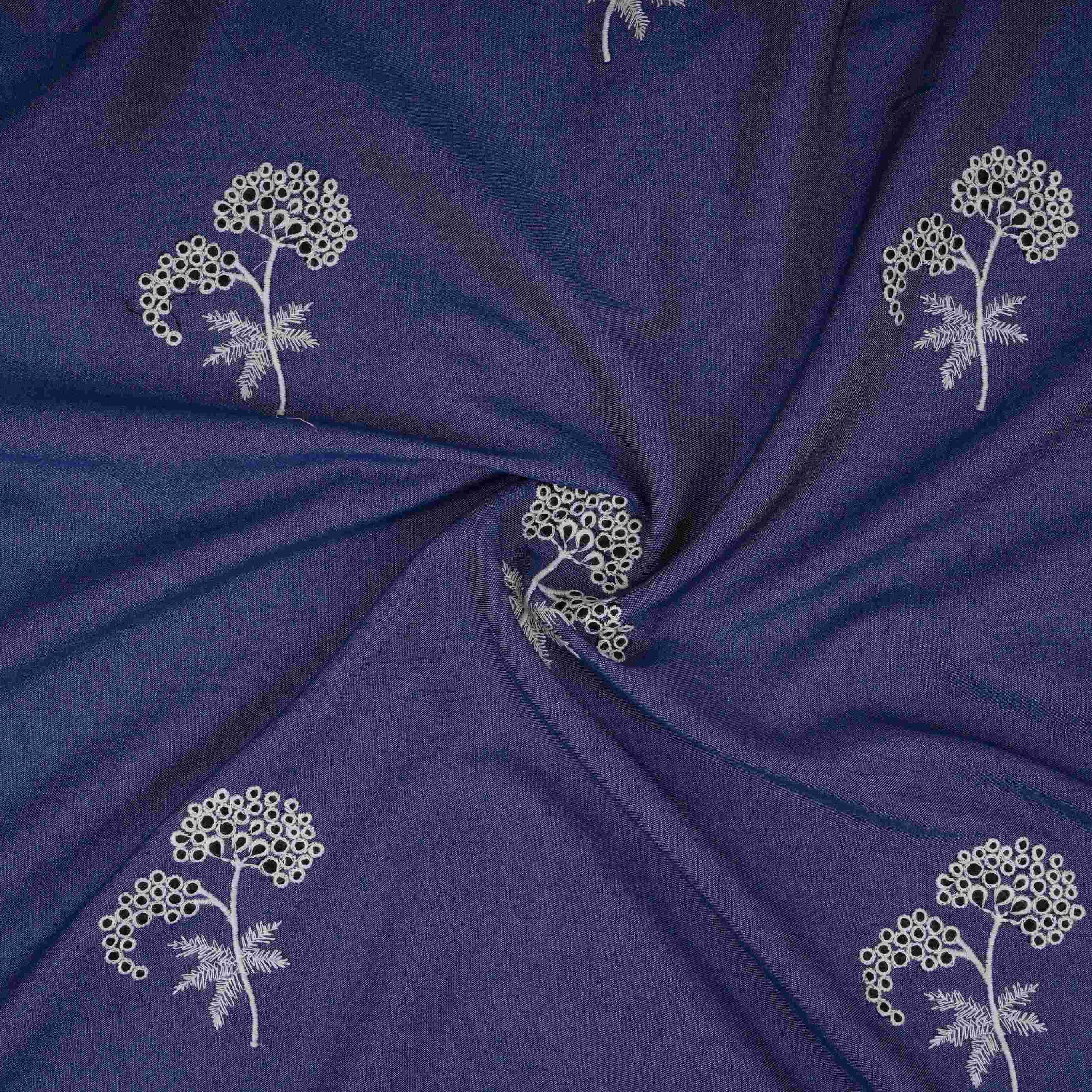 Blue Floral Thread Embroidery Thin Denim Fabric GPF-32326 - Image 4
