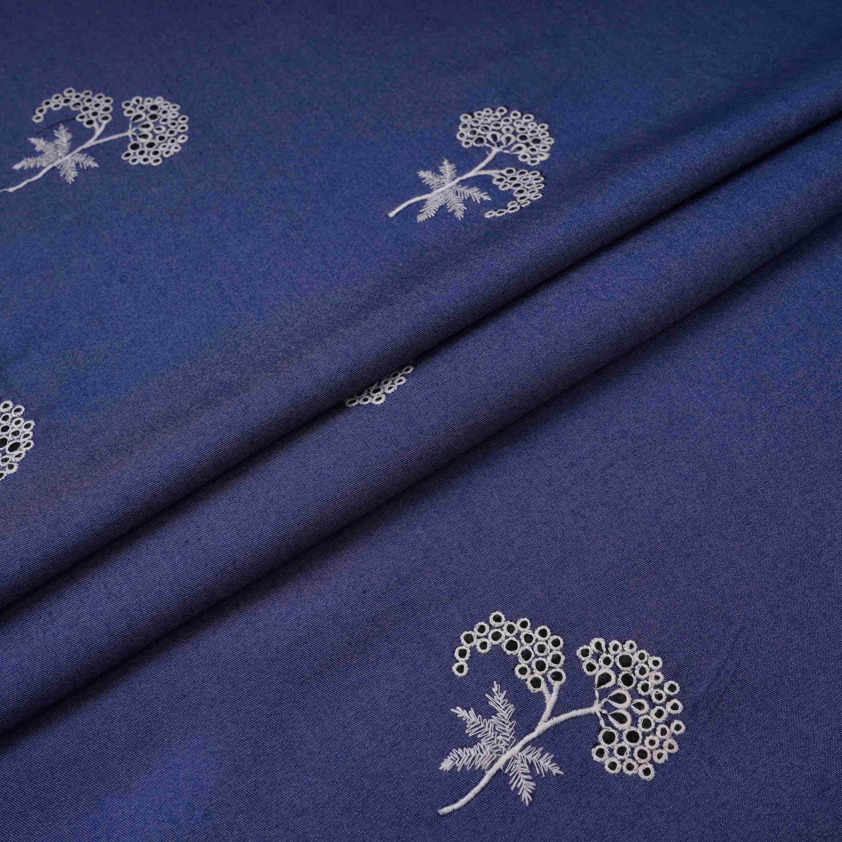 Blue Floral Thread Embroidery Thin Denim Fabric GPF-32326 - Image 5
