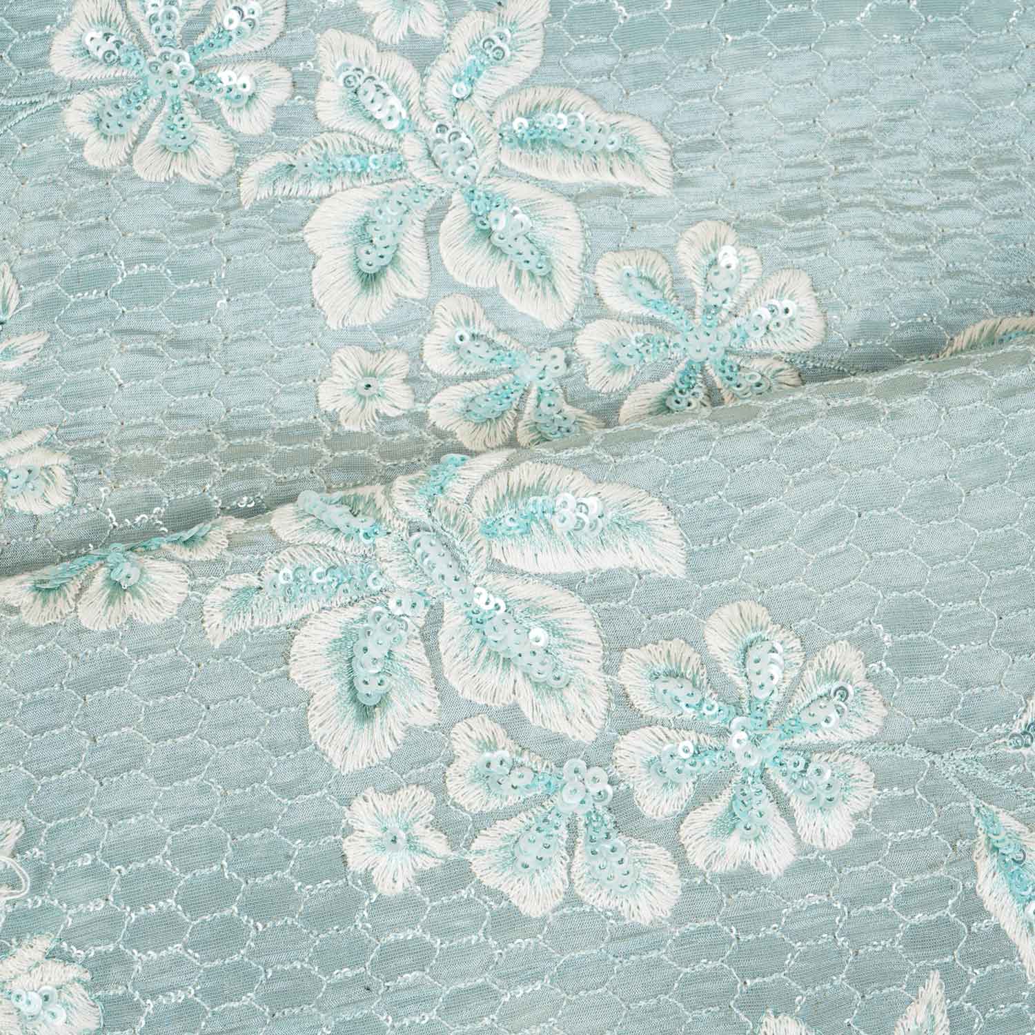 Blue Floral Zari Embroidery Tissue Fabric SC-27834 - Image 3