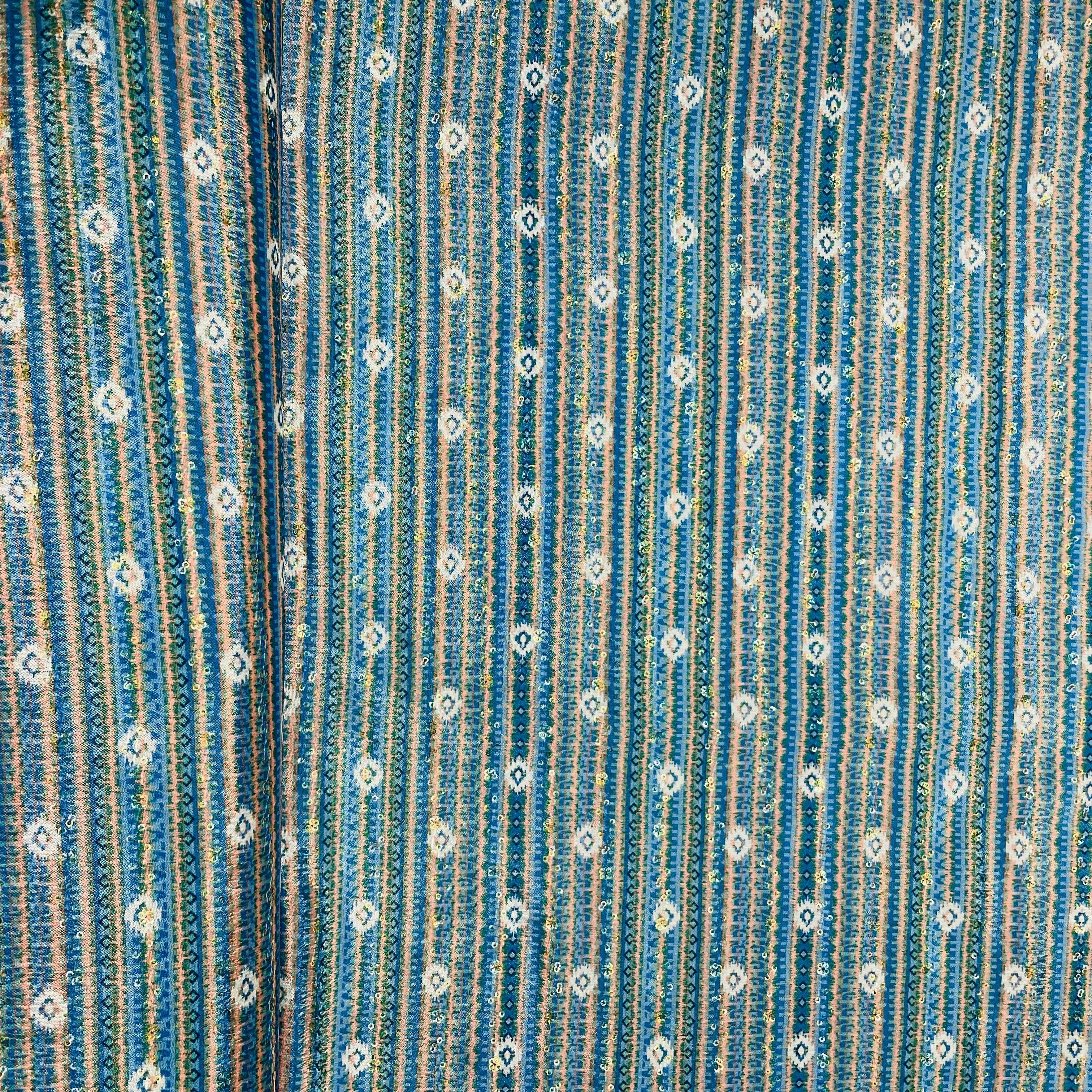 Blue & Green Stripe Print Chinon Fabric - Image 3