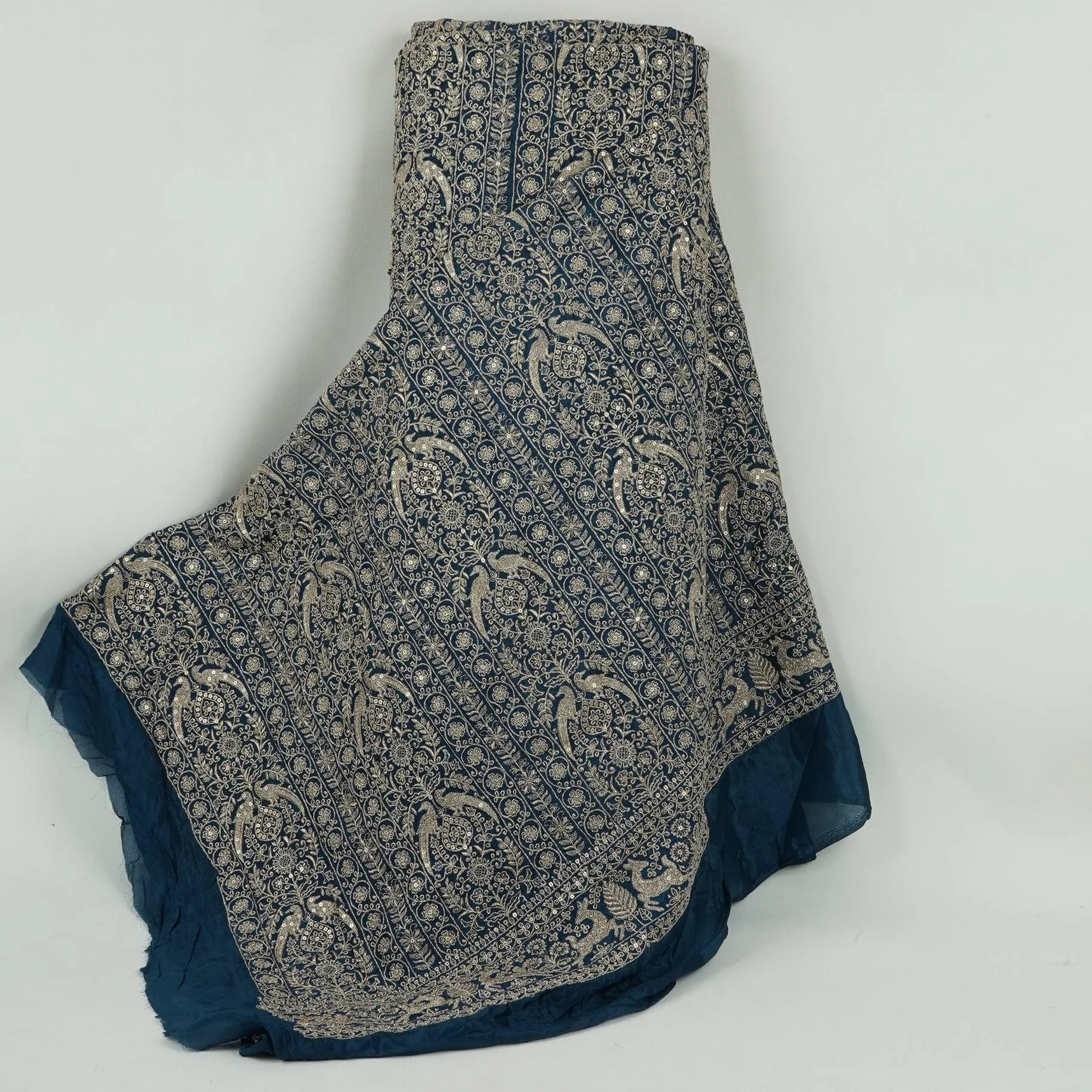 Blue Heavy Zari Sequins Embroidery Chinon Fabric DR-32399