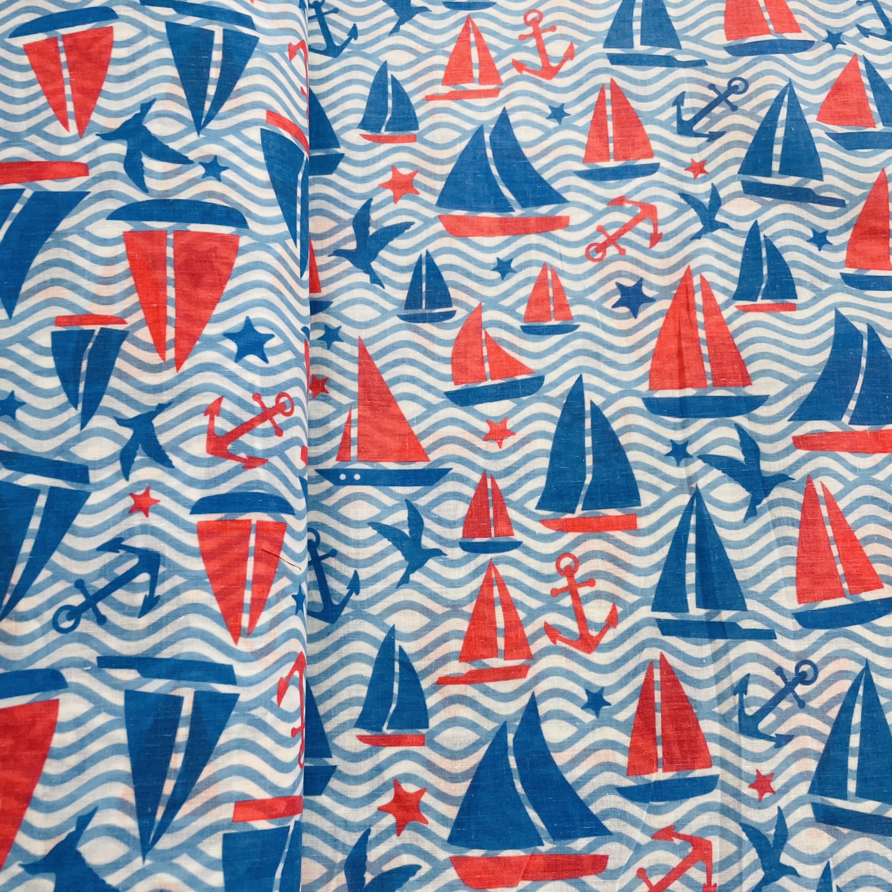 Blue Kids Water Boat Print Cotton Fabric - Image 3
