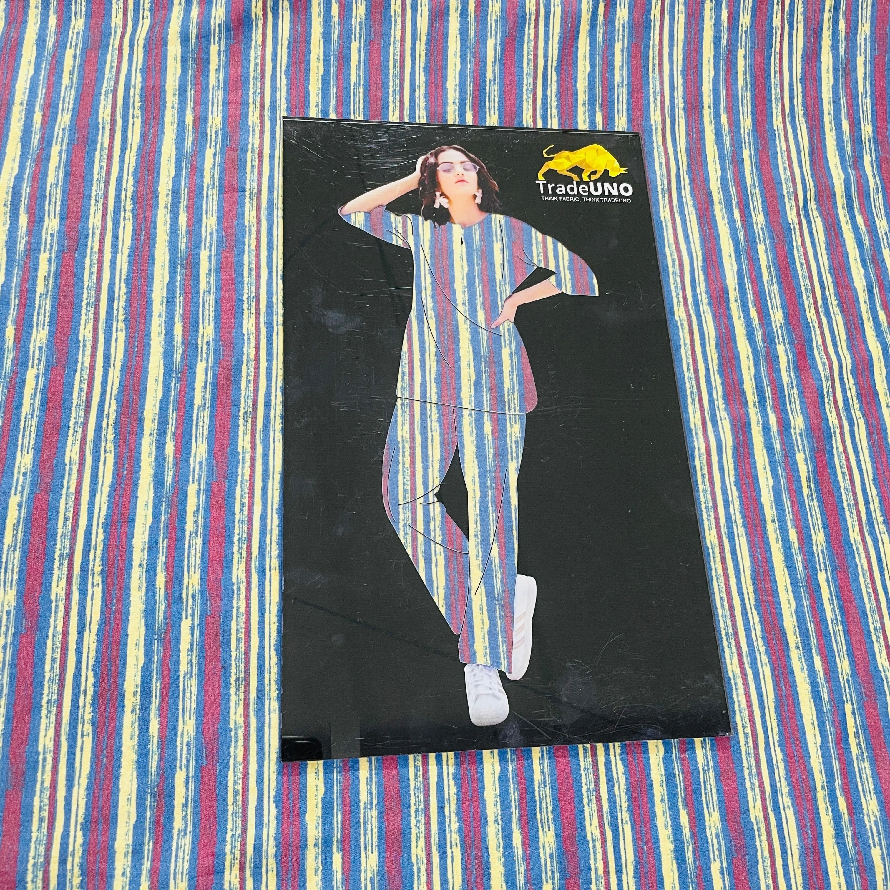 Blue Maroon Stripes Print Cotton Satin Fabric 11884 - Image 4