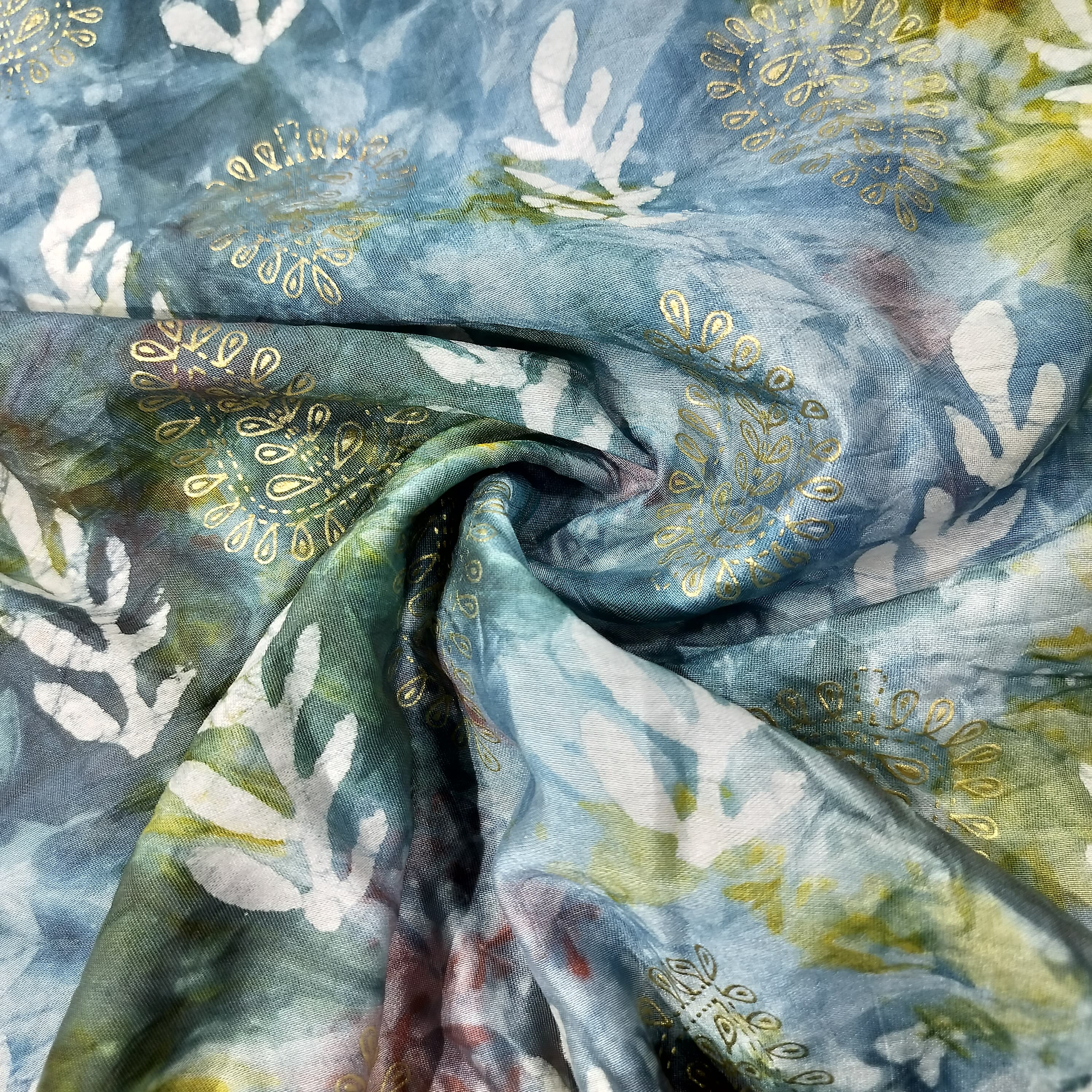 Blue Multicolor Batik Foil Print Chanderi Fabric 15508