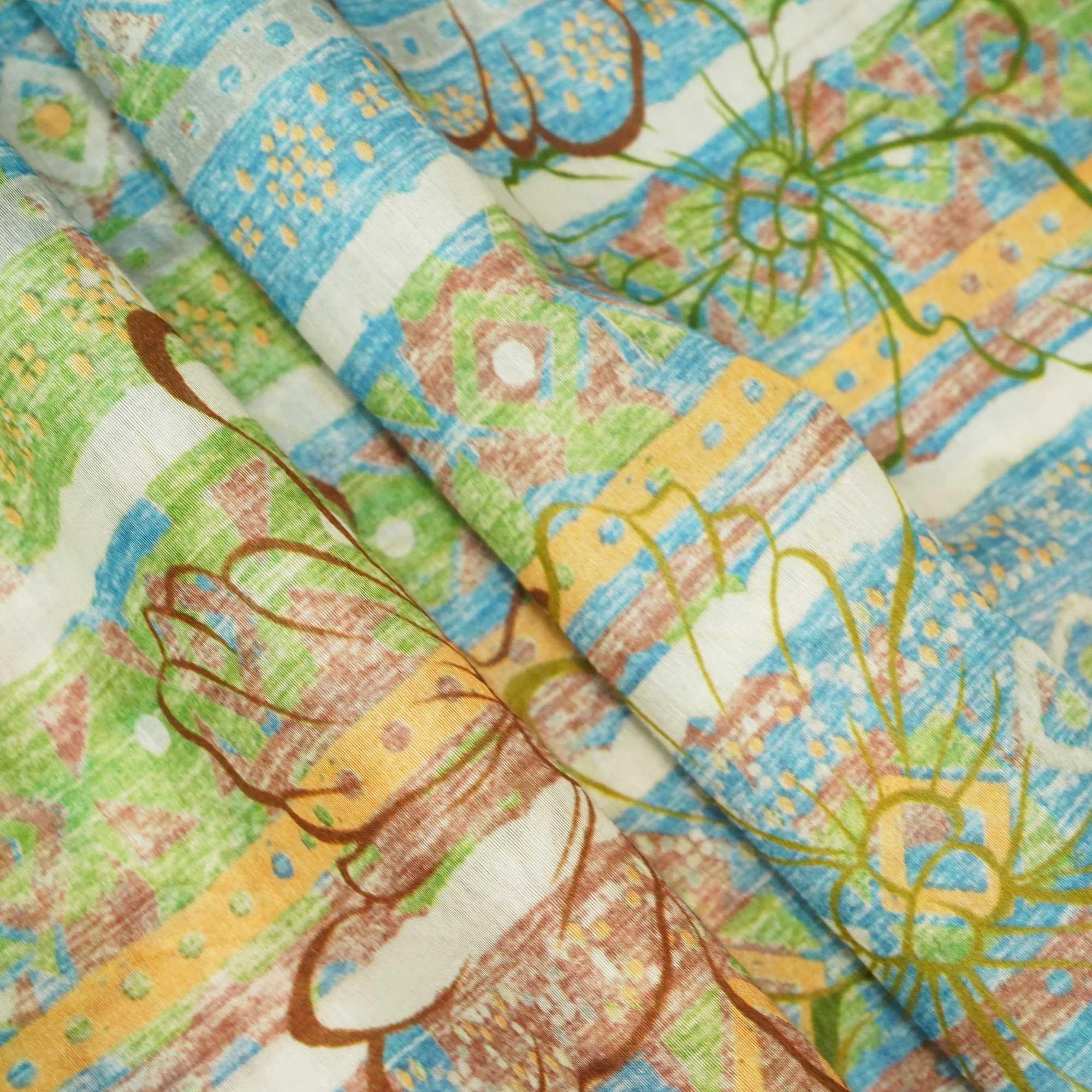 Blue & Multicolor Floral Print Chanderi Fabric GT-25342 - Image 3