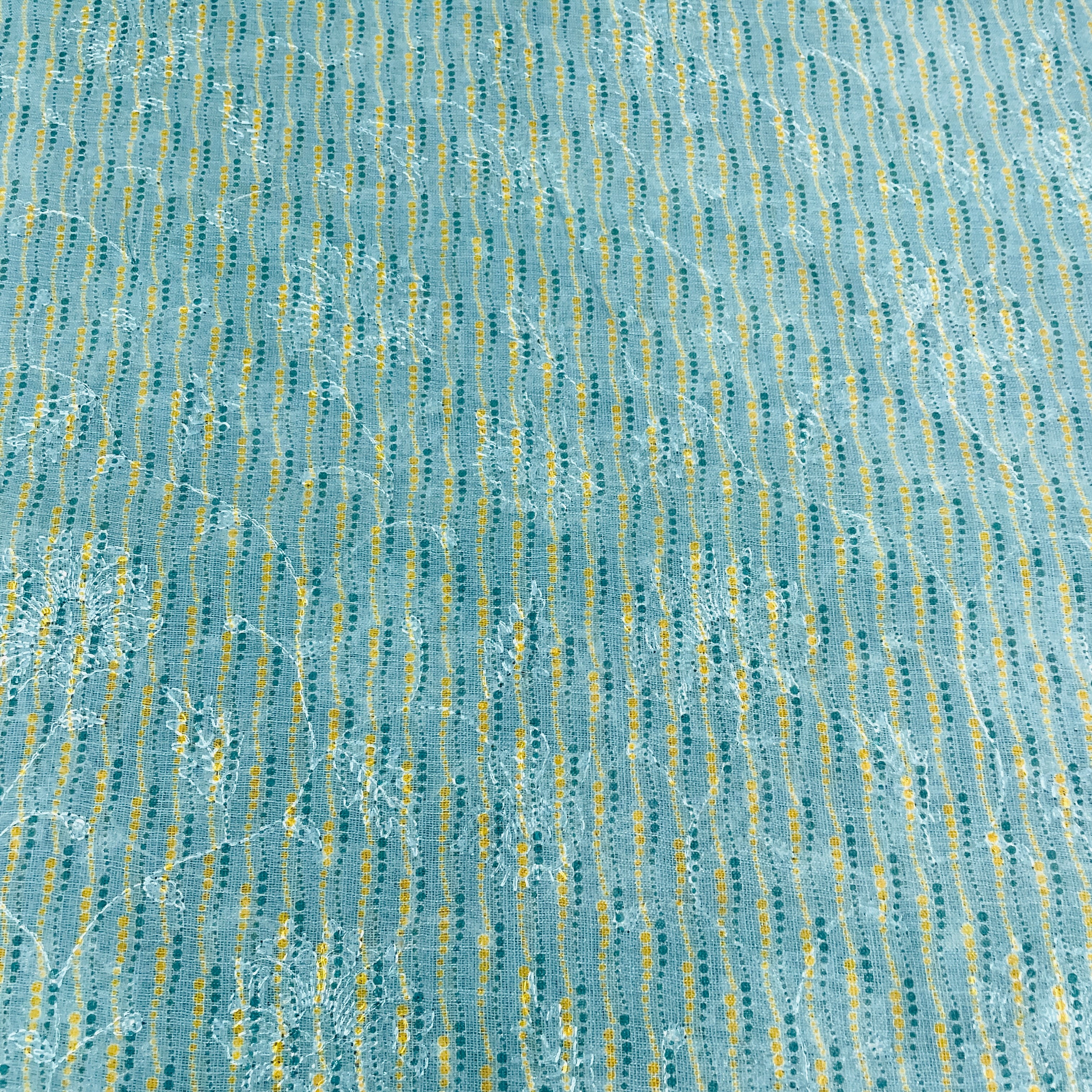 Blue Multicolor Handblock Print Sequins Embroidery Linen Fabric 25 - Image 2